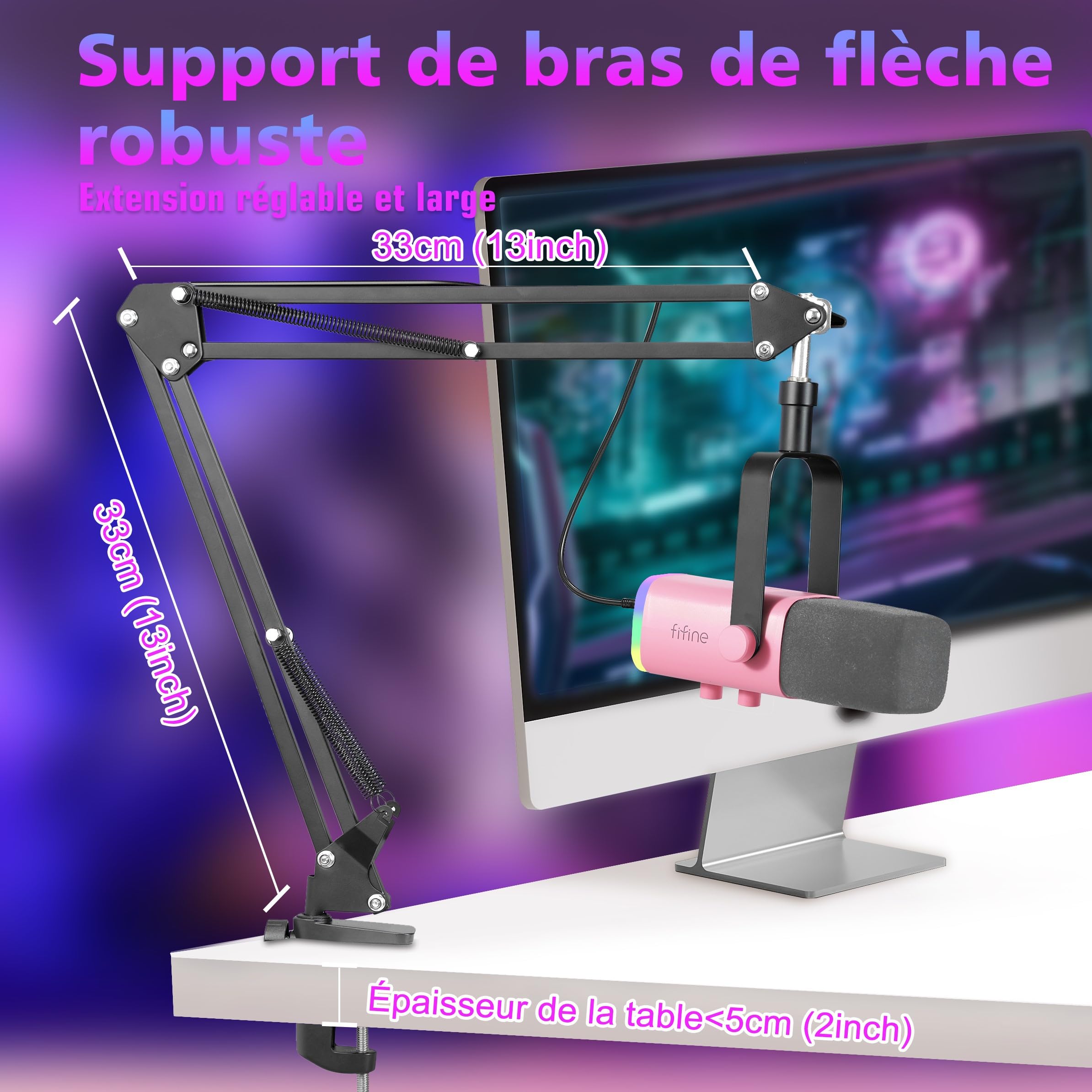 FIFINE USB/XLR Streaming Micro Gaming pour PC PS4 PS5, RGB Cardioïde Dynamique Microphone avec Support, pour Mixer Cartes Son, pour Gaming, Podcasting, Broadcasting, Enregistrement Vocal - Rose