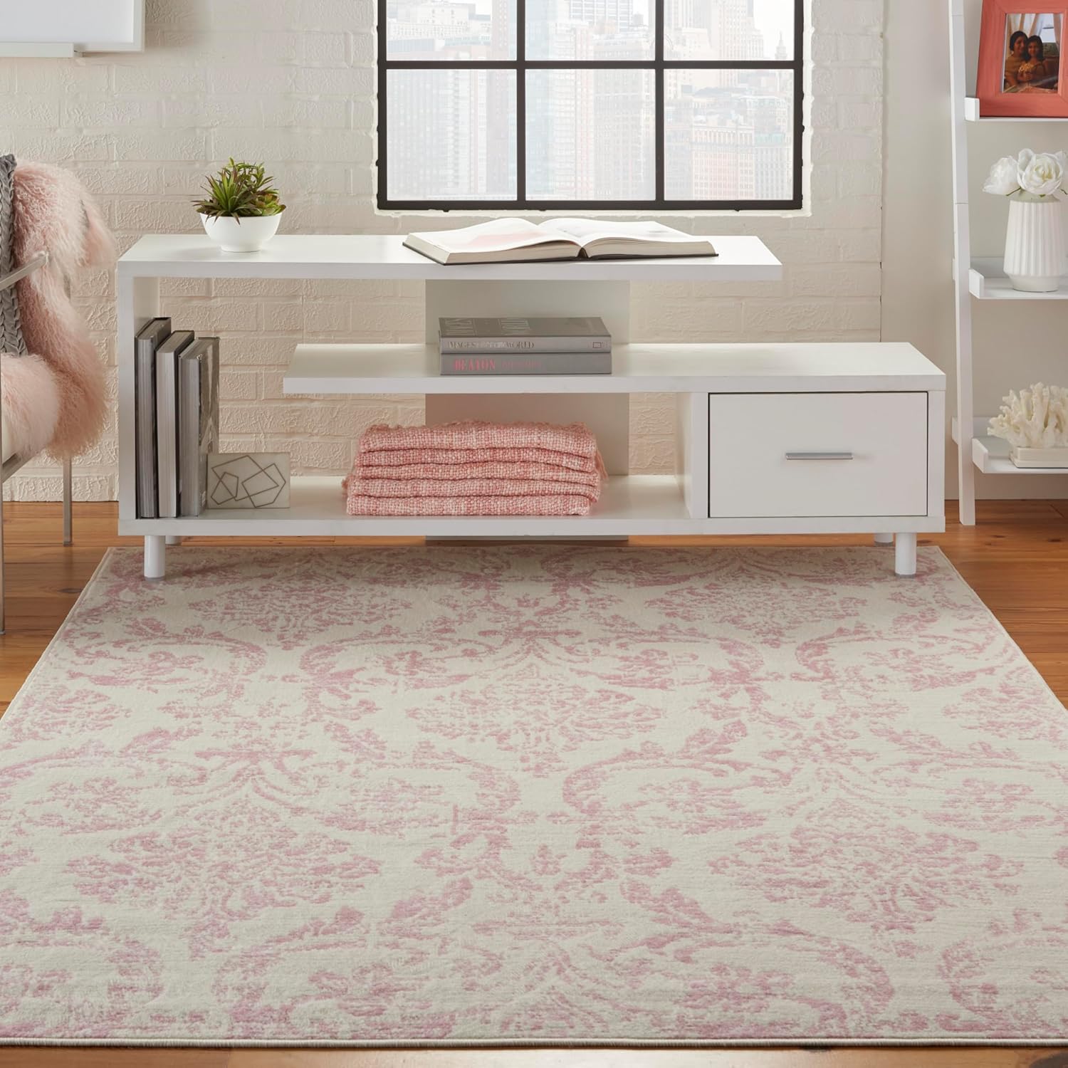 Nourison Home Jubilant Ivory Pink 6' x 9' Area Rug - Easy Clean, Non Shedding, Bed Room, Living Room, Dining Room, Kitchen (6' x 9')