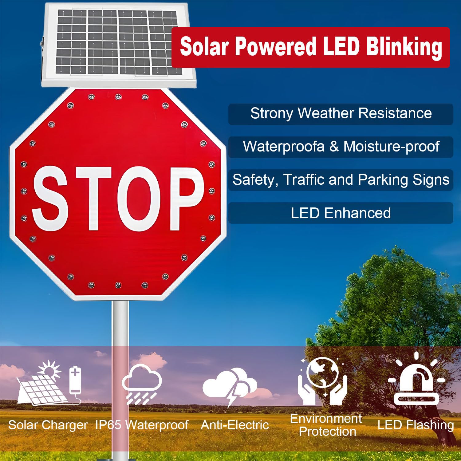 Señales de parada de tráfico LED con energía solar, señales de advertencia reflectantes de 24 pulgadas para construcción y seguridad en carretera, juego de 2 piezas, mejora la visibilidad y el control