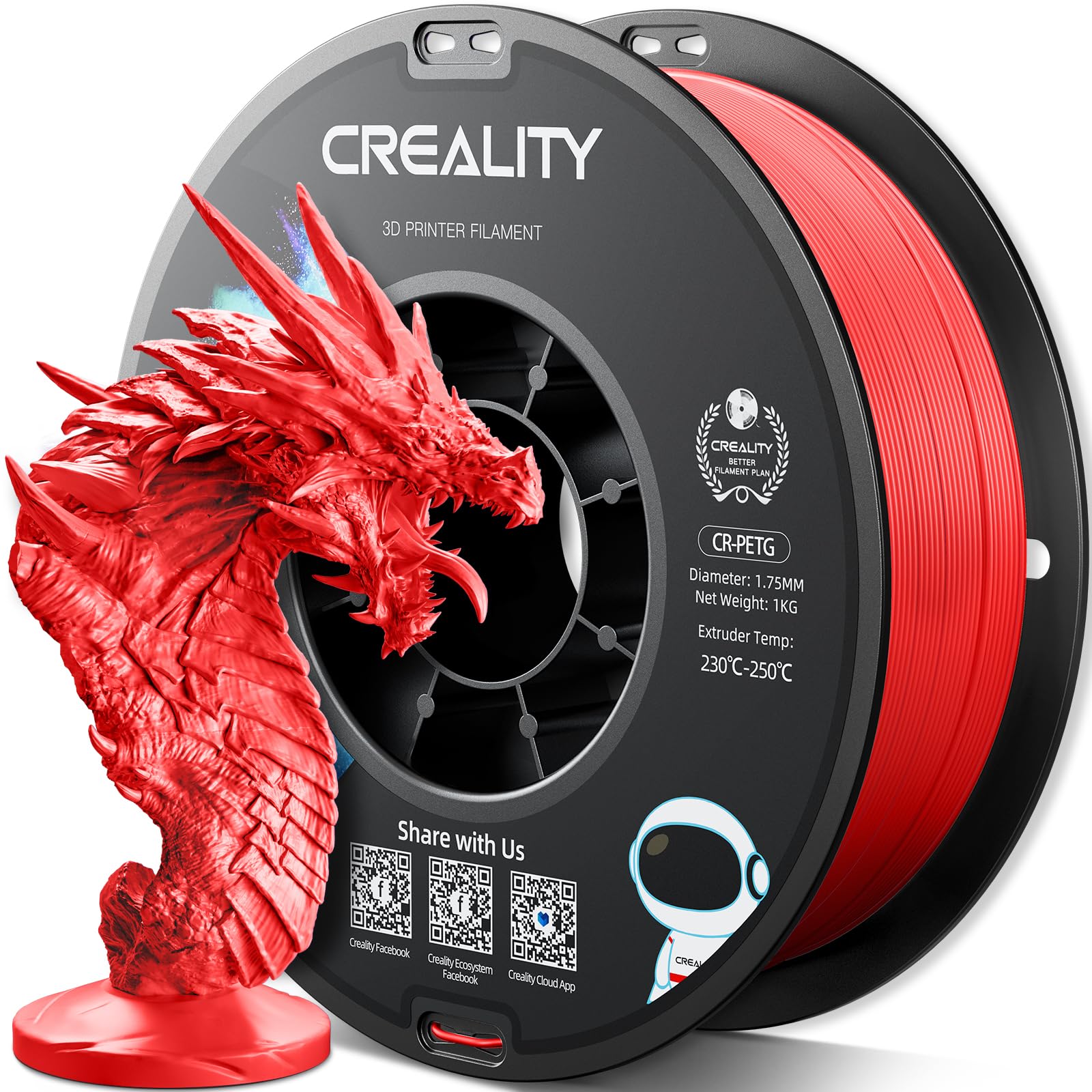 Creality PETG Filament 1.75mm, 3D Printer Filament 1KG(2.2lbs), High Precision, Strong Toughness, Odorless, Better Flow, Dimensional Accuracy +/- 0.02 mm, Moistureproof 3D Printing Filament, Red