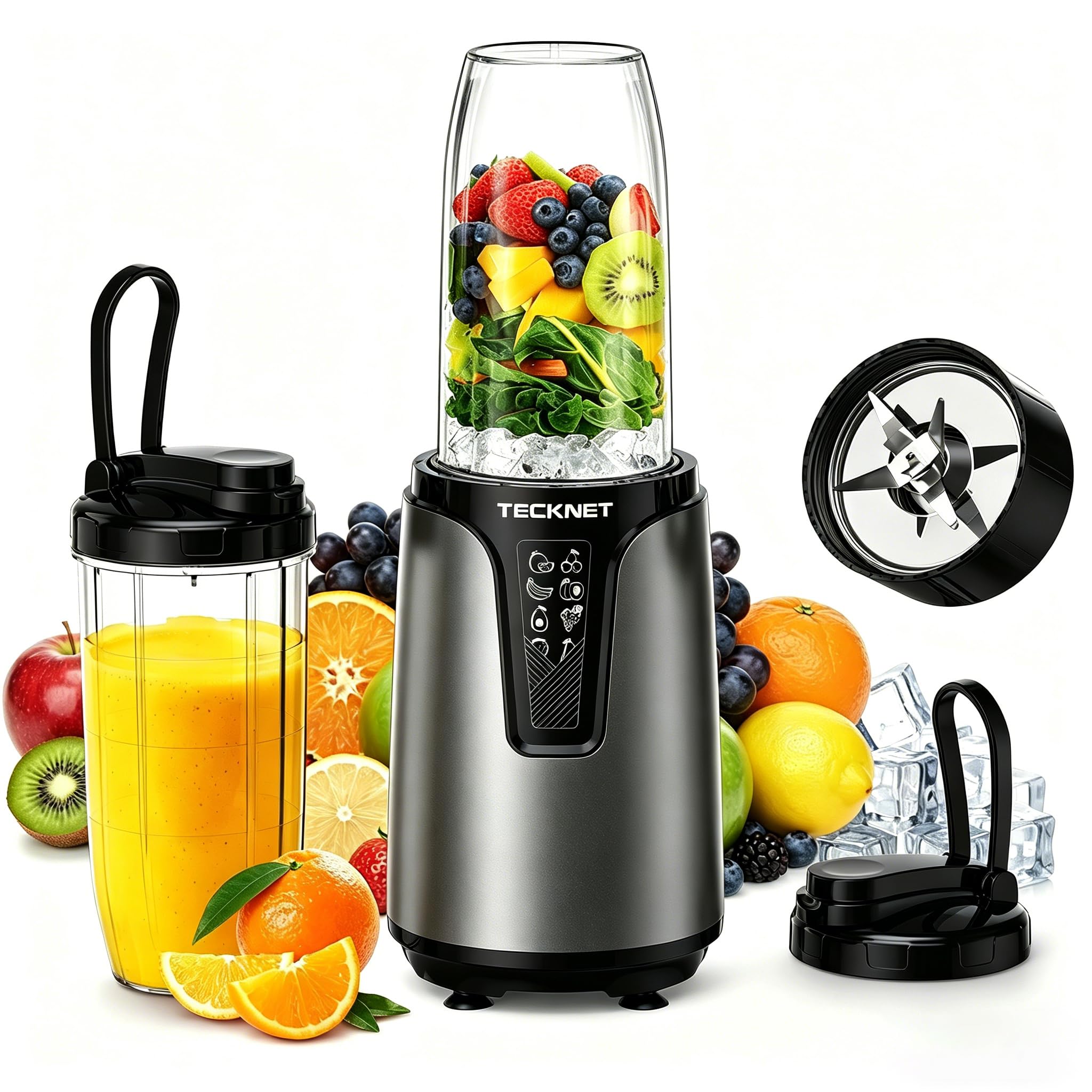 TECKNET Personal Blender Smoothie Maker, 1000W Powerful 25,000PRM, Blends Fruit & Vegetables, 2x600ml Portable Travel Cups with Spout Lids & Handled Ring, Makes Smoothies & Juice, Grey