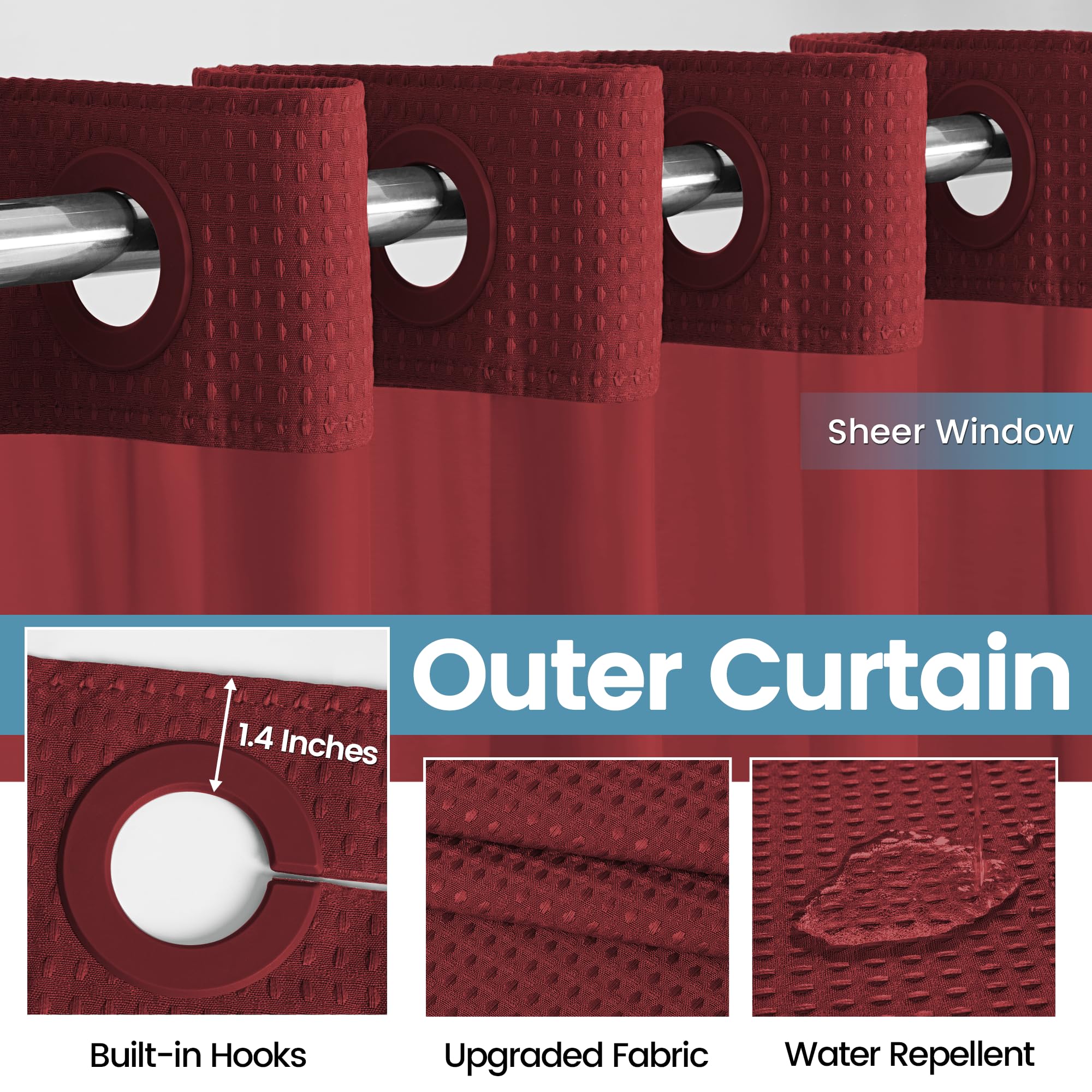 EUTXL Rideau de Douche sans Crochet avec Doublure à Clipser – 230 g/m² – Rideau de Douche à Tissage gaufré pour Salle de Bain – Bordeaux – 180 x 188 cm (l x H)
