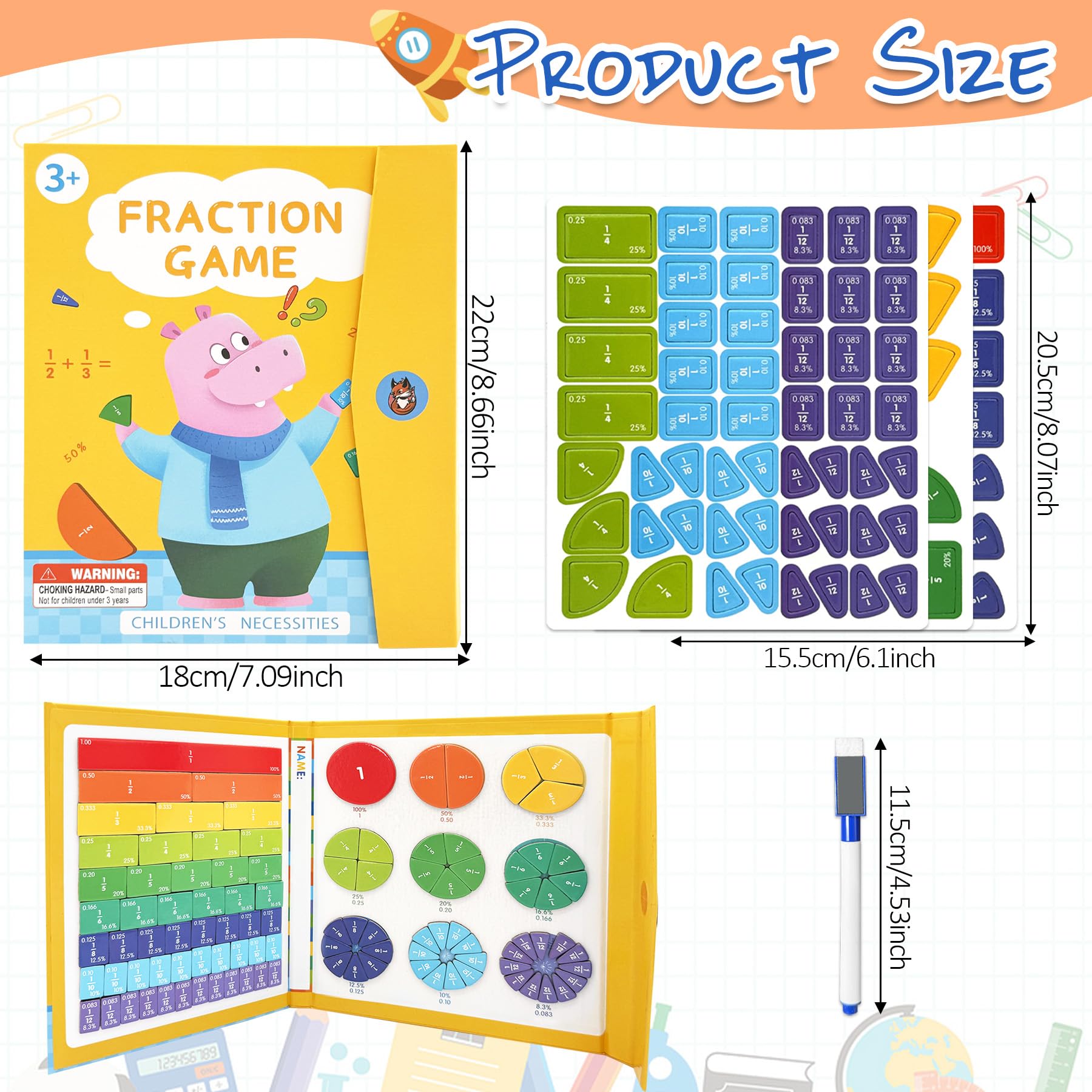 Piastrelle Magnetiche per Frazioni, Cerchi di Frazione con Percentuali e Decimali - Set Materiali Matematica Montessori