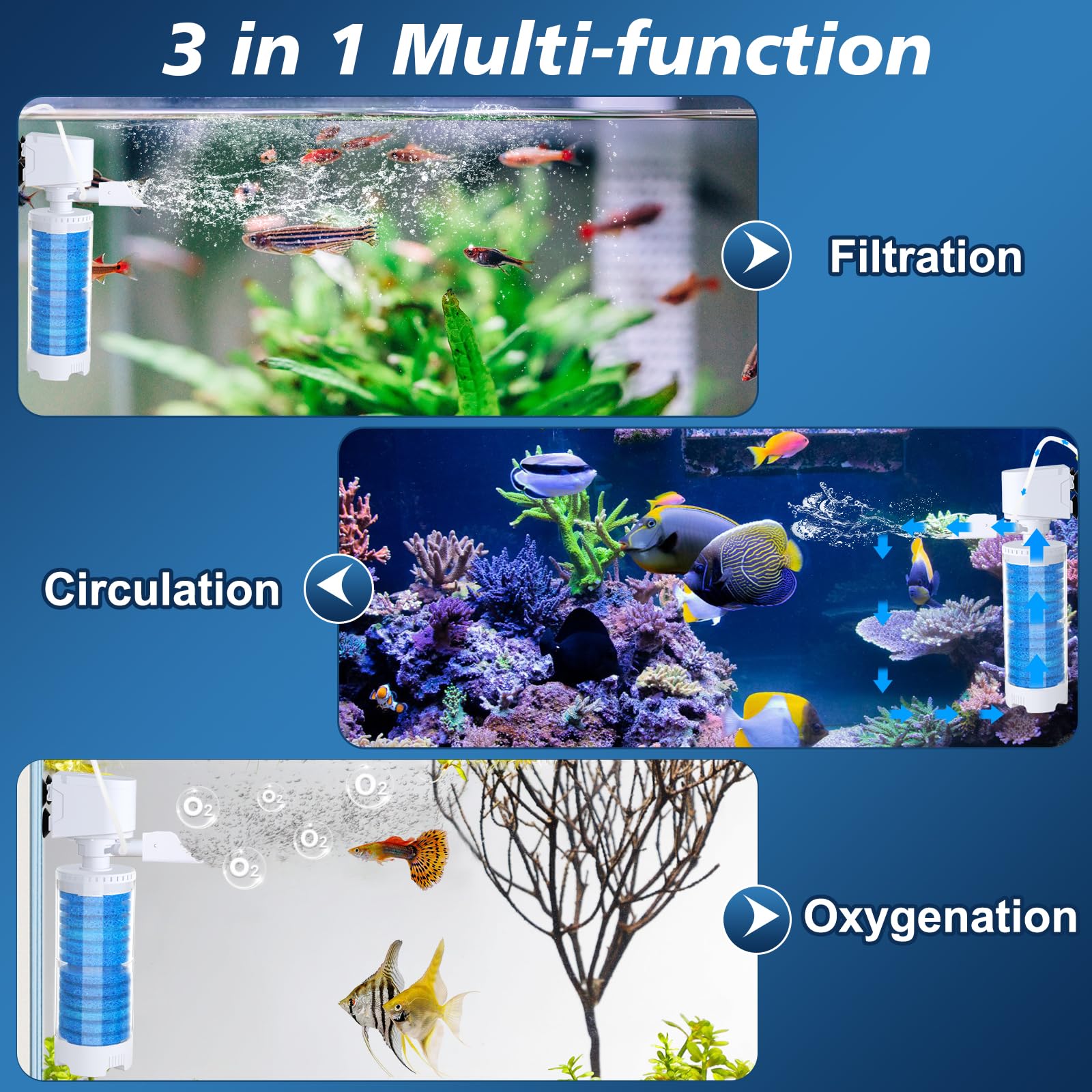 fishkeeper Mehrstufige Filtration Aquarium Innenfilter Pumpe, 4-in-1 Multifunktion Aquarium Filter with Einstellbarer Durchfluss, Sauerstoff & Wellen, mit reinigbaren Filtersponge & Fischschutzgitter