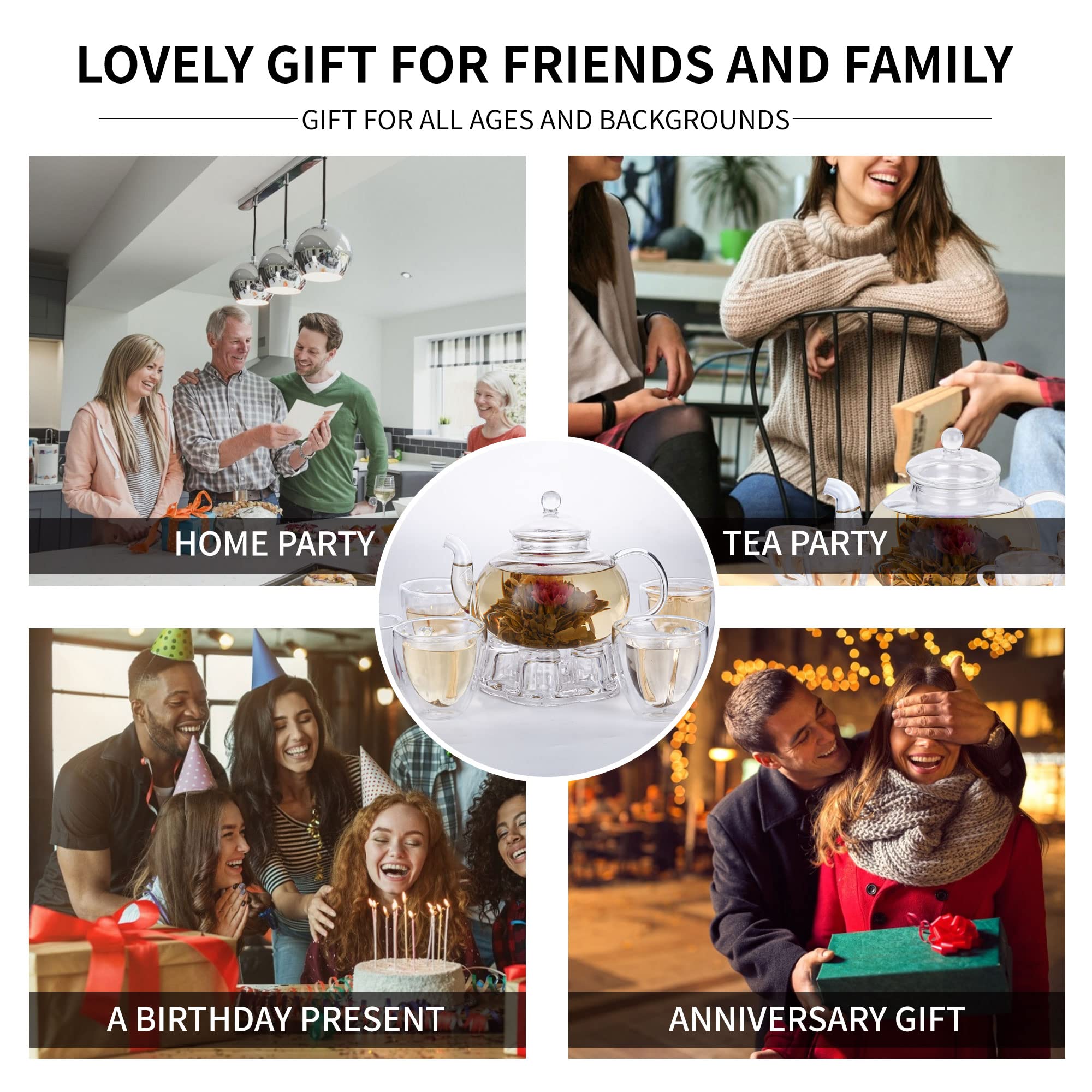 Glass Teapot Set, 40OZ/1200ml Stovetop Safe Glass Tea Kettle with Removable Infuser & Tea Warmer, Tea Cups and Saucers Set of 4, Blooming Tea & Loose Leaf Tea Maker Set for Women