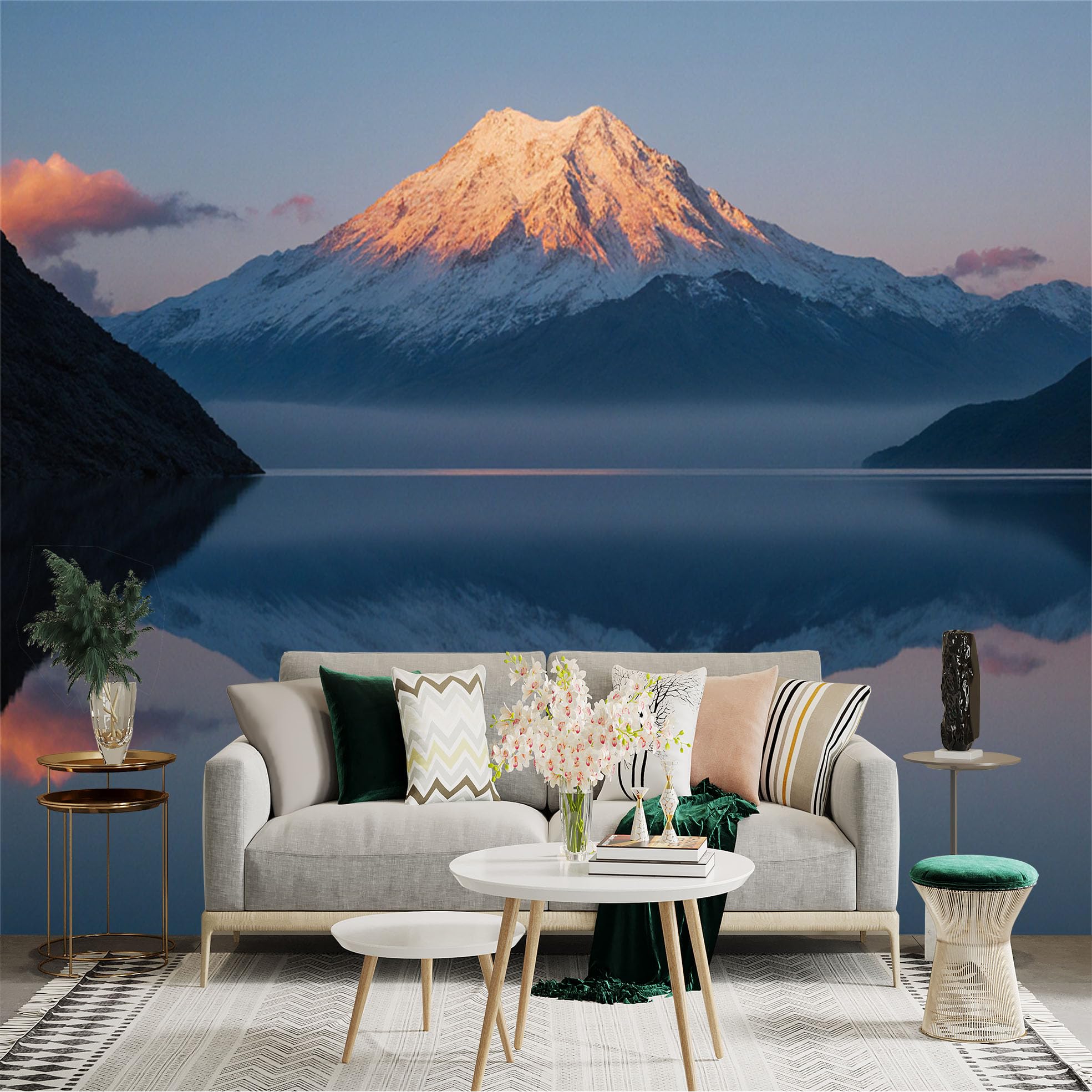 Custom Size Wall Sticker Mural， Snow Capped Mountain at Sunset， Calm Lake Reflection， Nature Scenery， for wall Decoration， peelandstick wall Decals.
