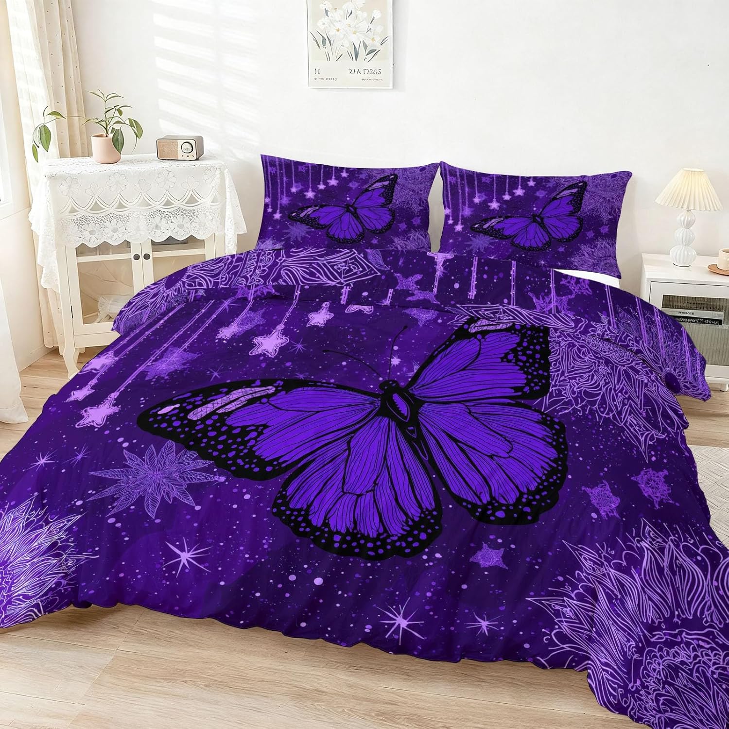 Duvet Cover for Kids Fantasy Butterflies Mandalas Flowers Quilt Cover Sets Reversible Soft Bedspread Cover Room Decor, Purple Bedding Set 3Pcs Zipper Closure Boys Girls Teens (Full Size 80"x90")