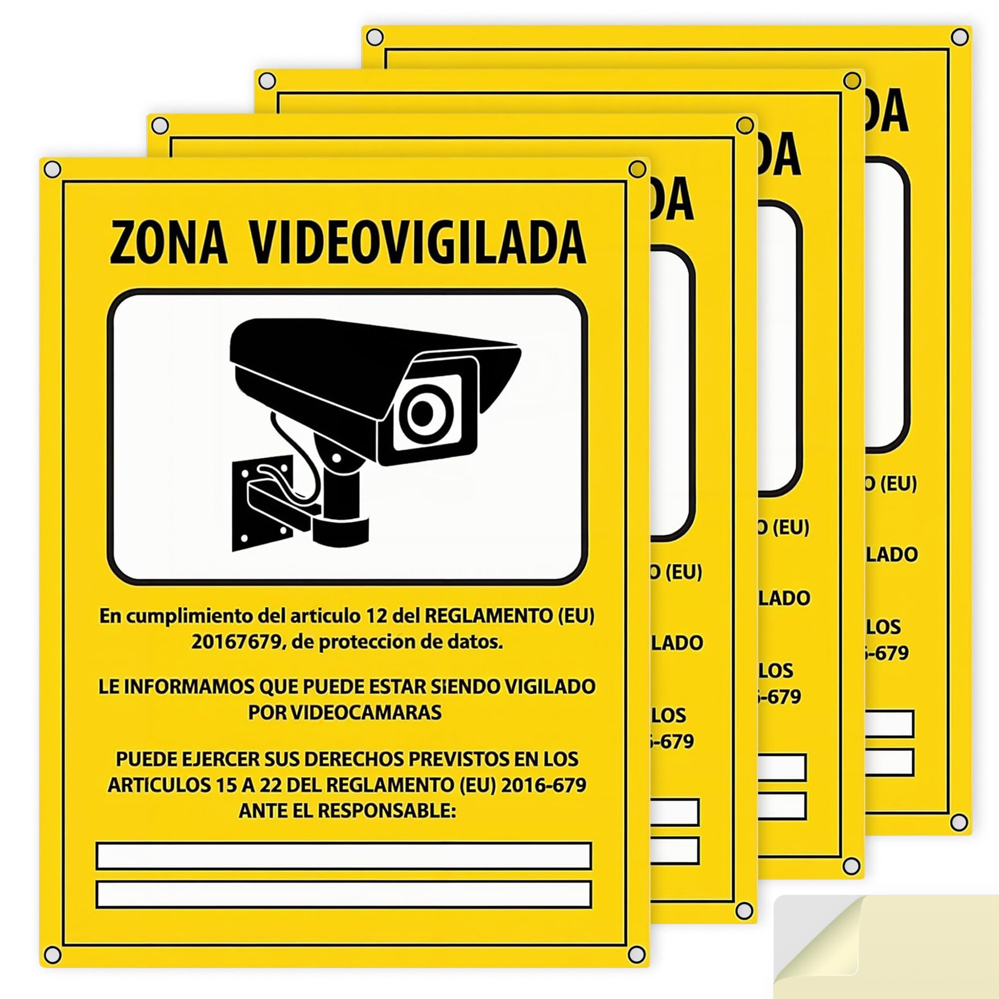 Carteles Cámara de Vigilancia PACK 4 - Zona Videovigilada Homologados RGPD - PVC 20x15 cm - Placas Seguridad Interior Exterior Autoadhesivas