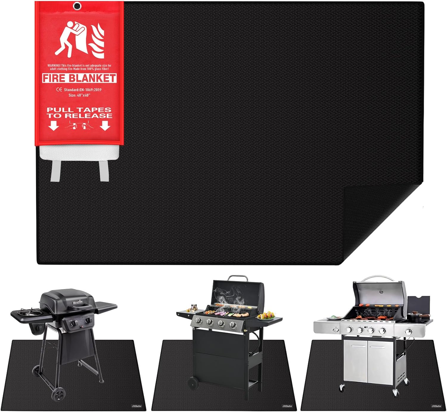 Large 76" x 52" Under Grill Mat with 40" x 40" Fire Blanket