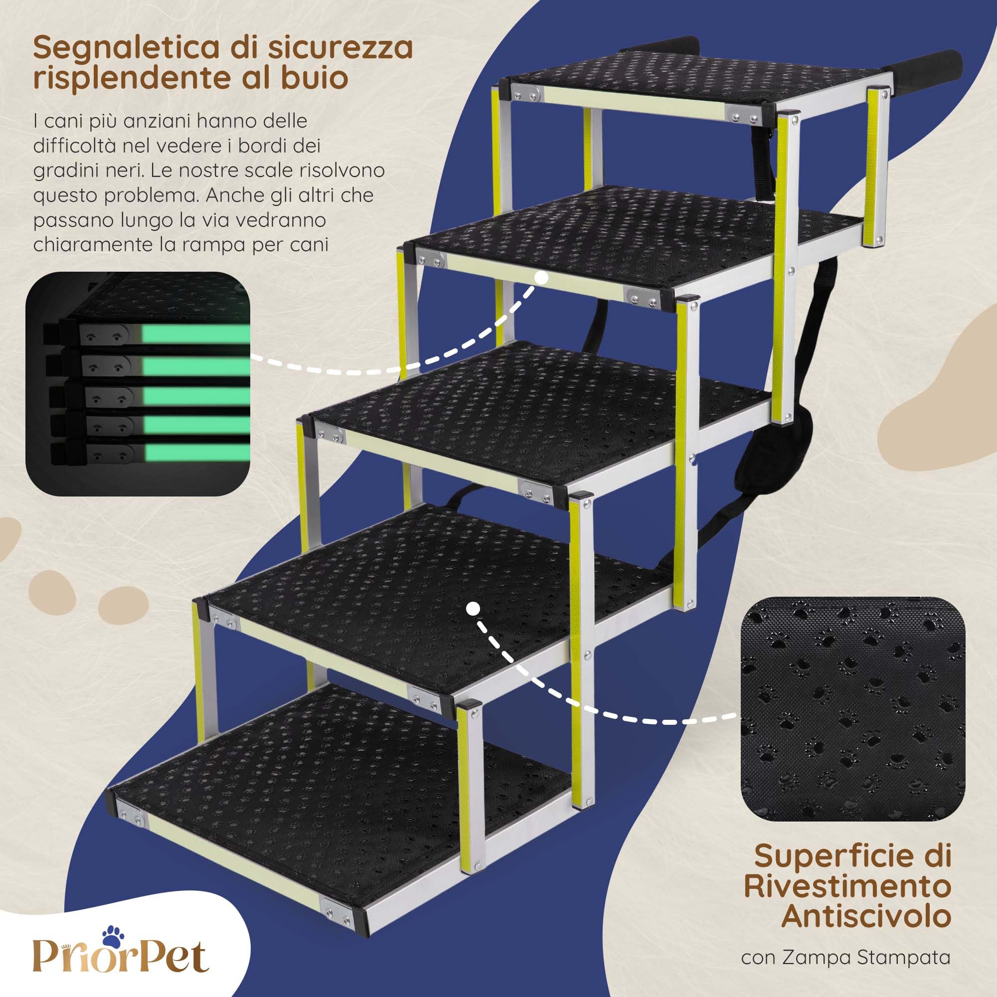 Rampa per Cani PRIORPET Pieghevole Fino a 77 KG Antiscivolo Riflettente 5 Gradini