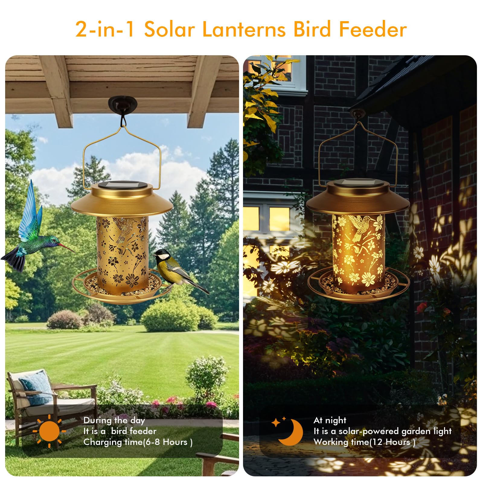 Mangiatoia solare per uccelli da appendere, in metallo, impermeabile, per esterni, lanterna da giardino, regalo ideale per gli amanti degli uccelli, donne e mamme, decorazione per cortile, patio