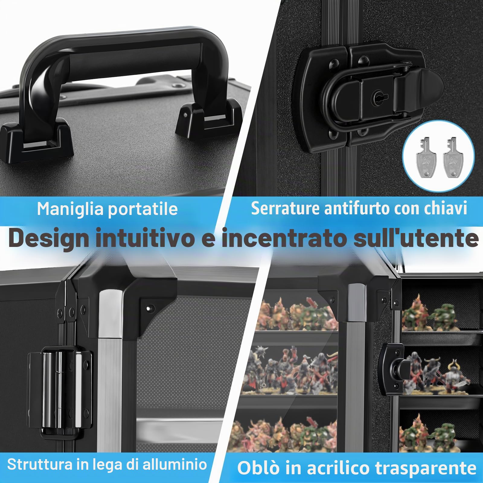 OUUTMEE Custodia per miniature, custodia per il trasporto di miniature con telaio in lega di alluminio, custodia per il trasporto in miniatura con 5 vassoi in metallo, scatola con serratura per