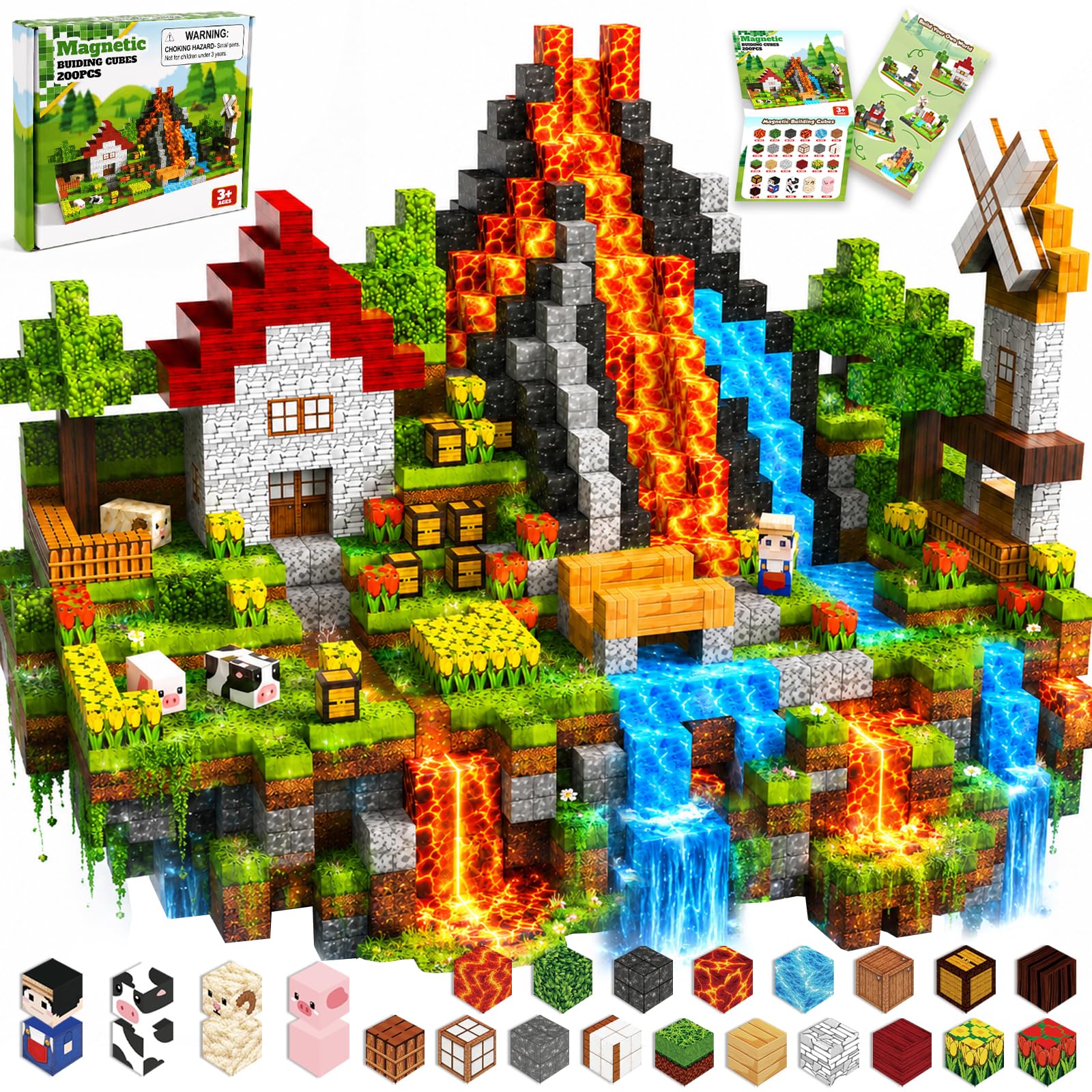 Magnetic Building Blocks, Construction Magnet World, 200 Pieces Magnetic Building Blocks From 4 Years, Houses, Forests, Animal Themes, STEM Stackable Houses Creative Toy For Boys & Girls 4+