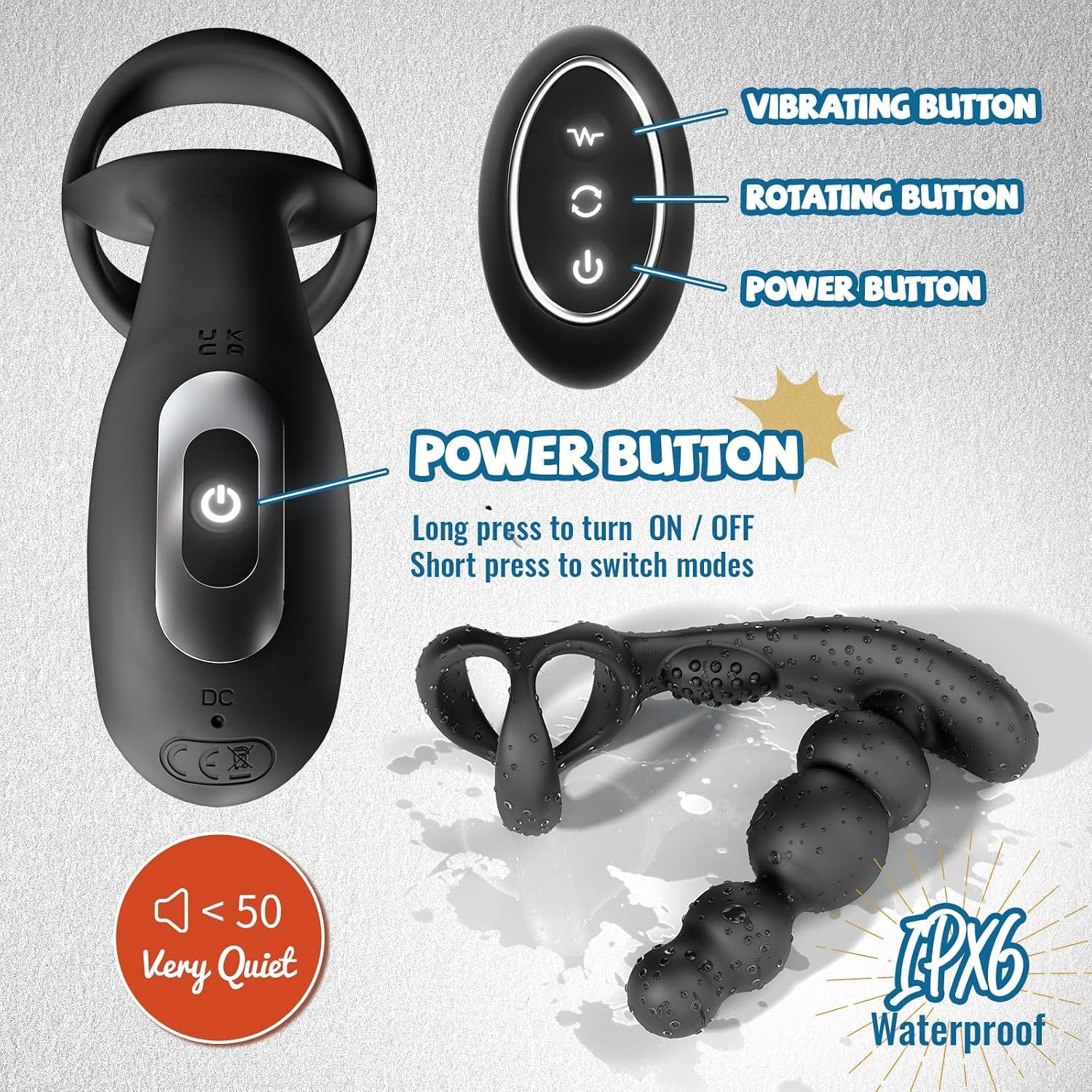 Masajeador vibratorio 4 en 1 con anillo; este juguete sexual está diseñado específicamente para el masaje de próstata, está hecho de silicona y se controla a distancia.