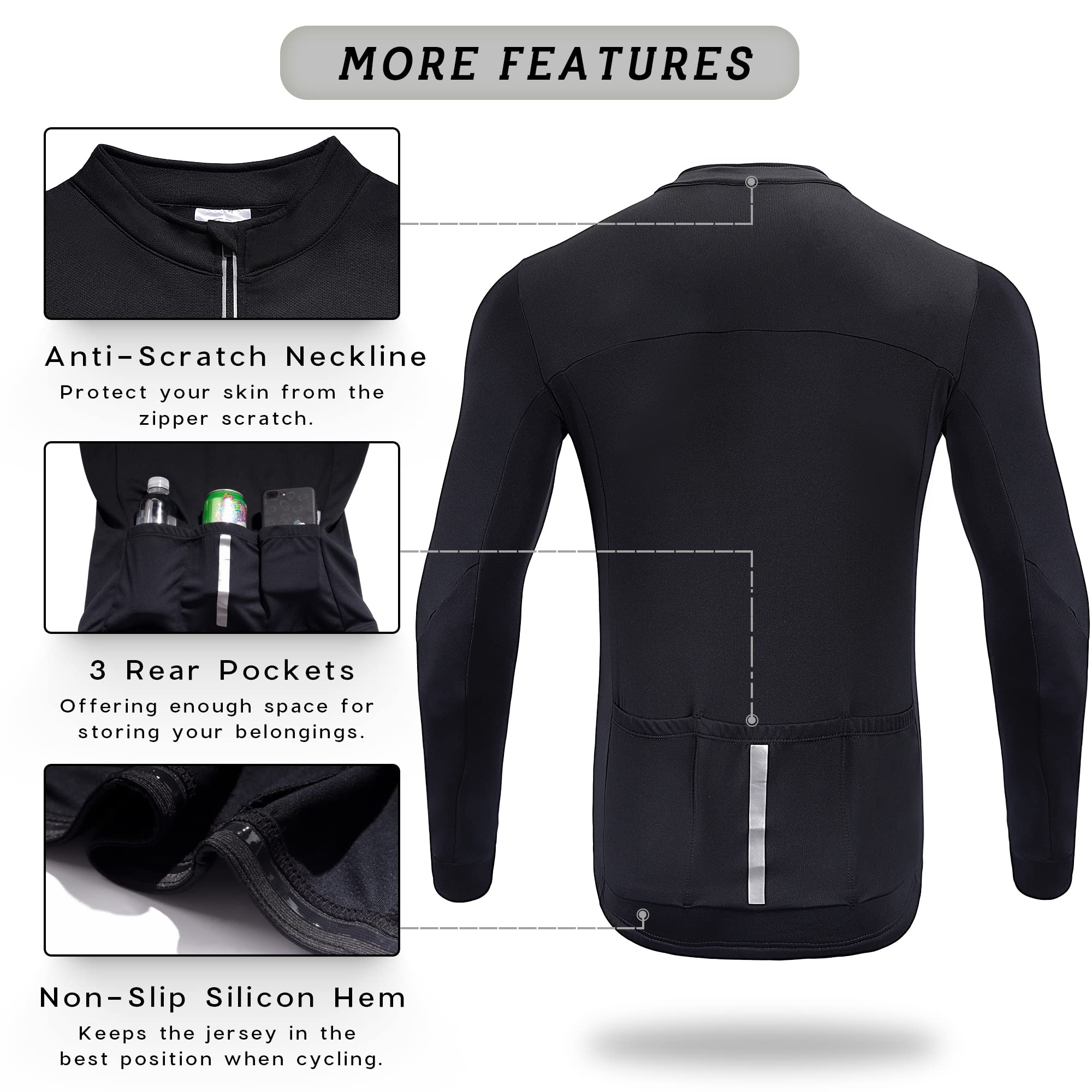 Dooy - Maglia termica da uomo, a maniche lunghe, traspirante, con cerniera e tasche posteriori (nero, 4XL)