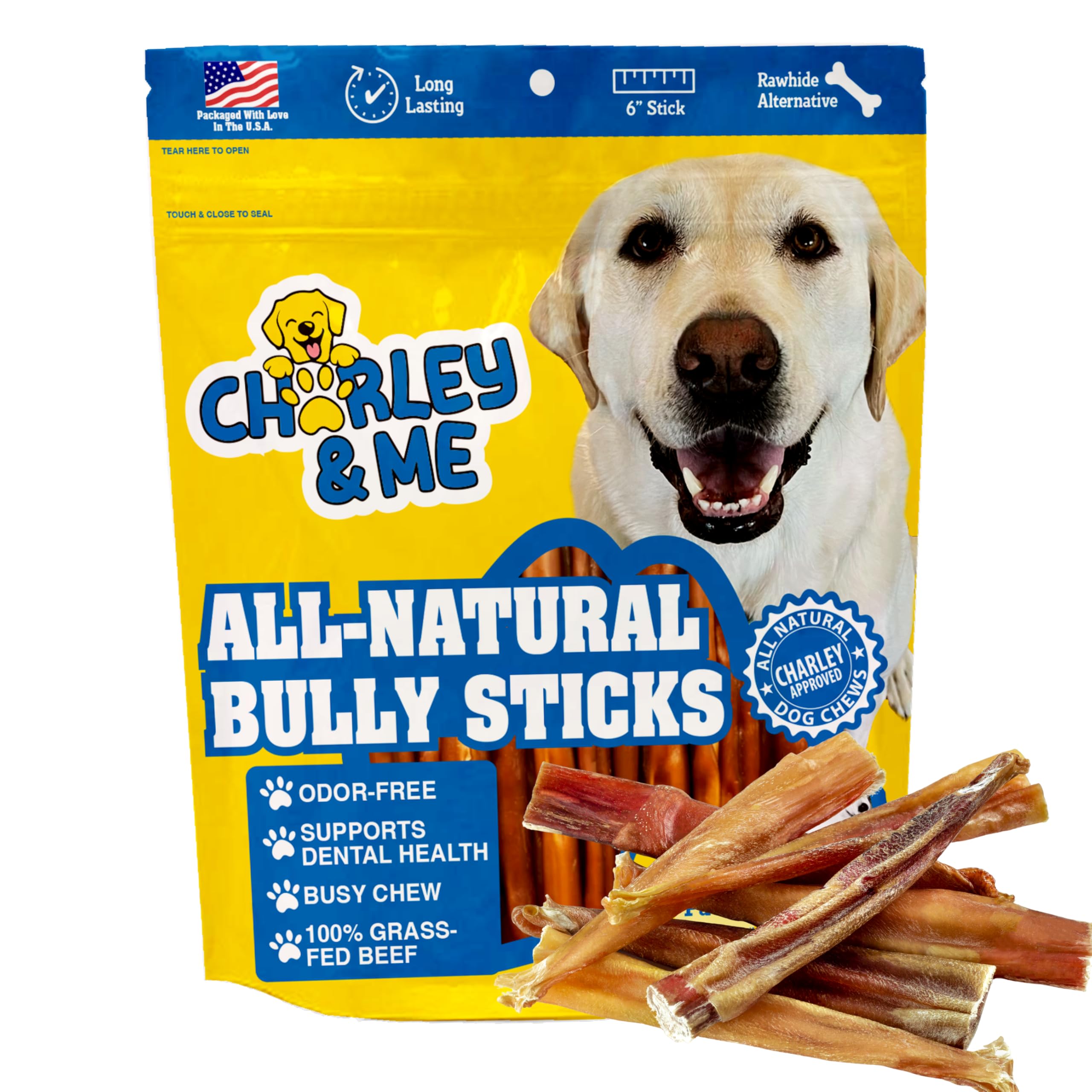 CHARLEY &amp; ME All-Natural Bully Sticks for Dogs Made in the USA - Low-Odor, Rawhide-Free 6” Beef Chews for Aggressive Chewers &amp; Dental Health (Pack of 25)