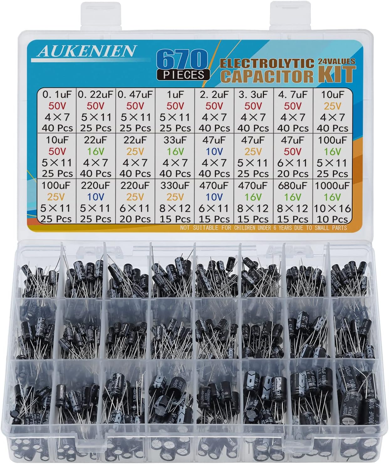 AUKENIEN Electrolytic Capacitor Kit 24 Values 670pcs Aluminum Industrial Electrical Radial Capacitors Assortment Set from 0.1uF to 1000uF 10V 16V 25V 50V Capacitadores