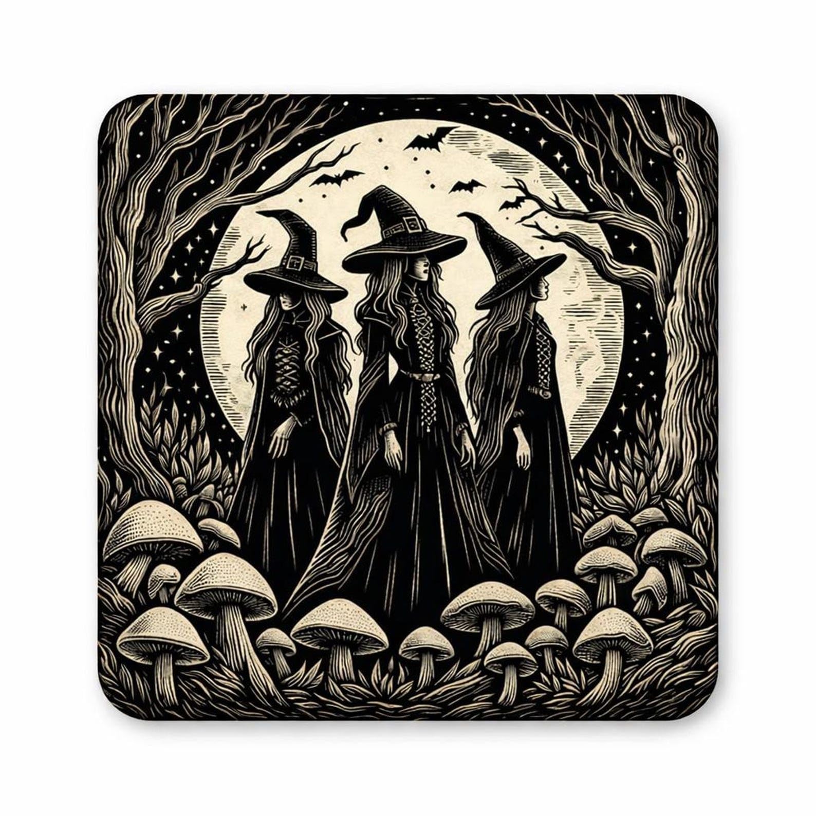 Half a Donkey Three Witches Under Full Moon Square Cork backed Coaster