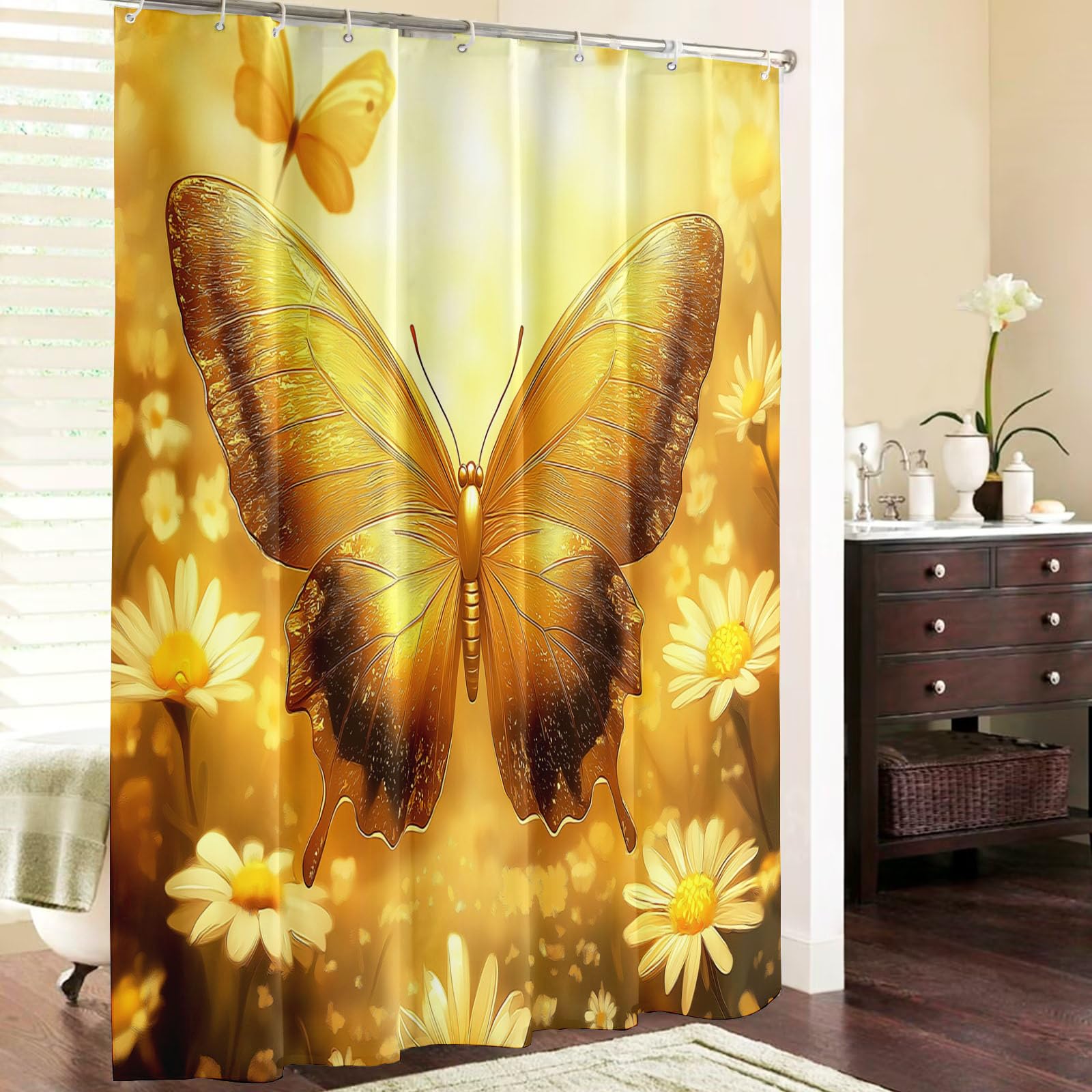 Cortina de Ducha con impresión Digital de Ligero Floral Cortina de Baño con Mariposa Flores,240x200cm Impermeable Cortinas de Ducha con 12 Ganchos Tela de poliéster para baño