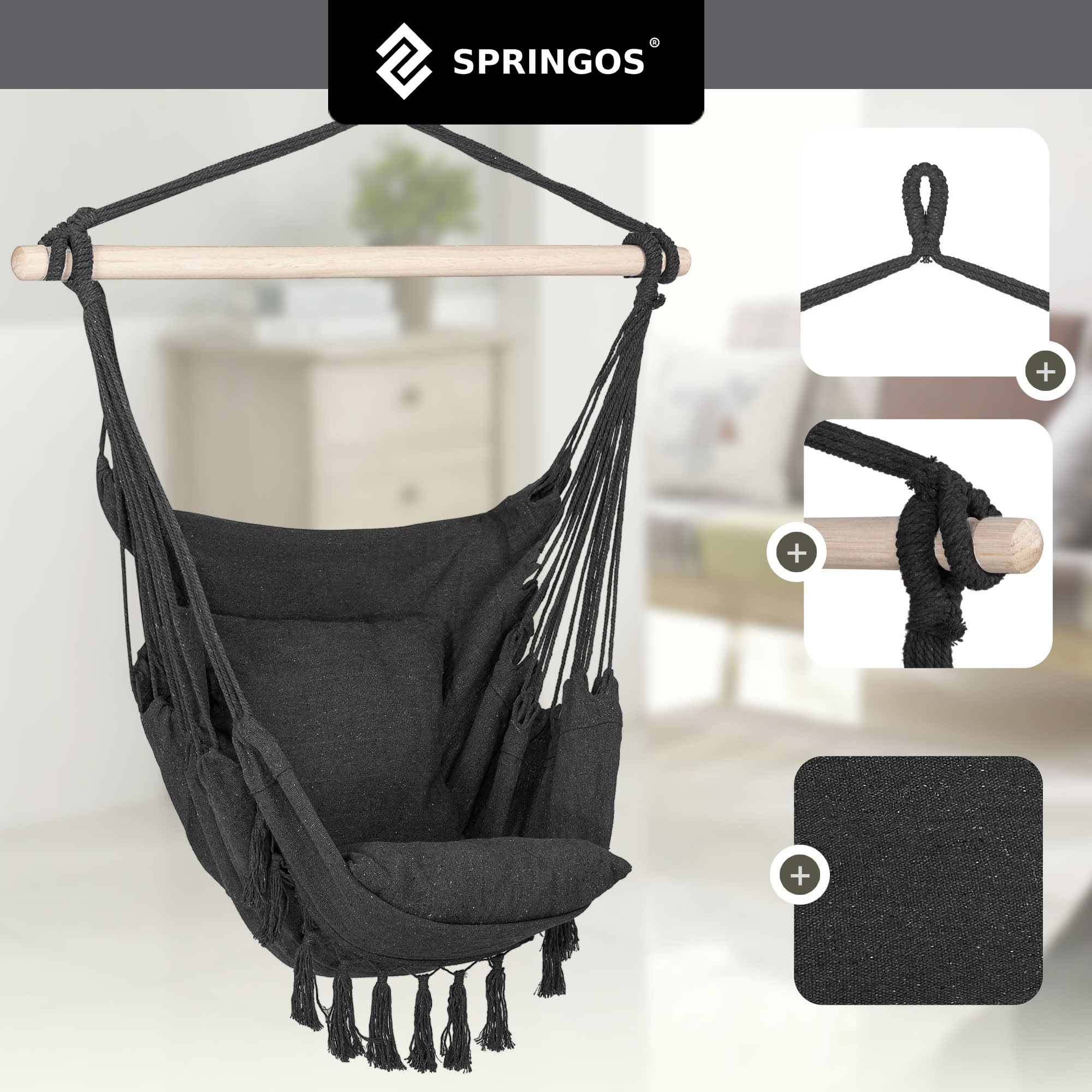 Springos® Fauteuil Suspendu Brésilien avec Coussins, Charge Max 150 kg, Fauteuil balançoire Boho en Coton/Polyester avec Cadre en Bois, Gris foncé, Poche latérale, Parfait pour Jardin