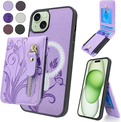 Lacass Funda compatible con MagSafe para iPhone 15 PlusiPhone 14 Plus de 6.7 pulgadas, tarjetero magnético desmontable con cremallera (morado claro disponible en Yaxa Peru