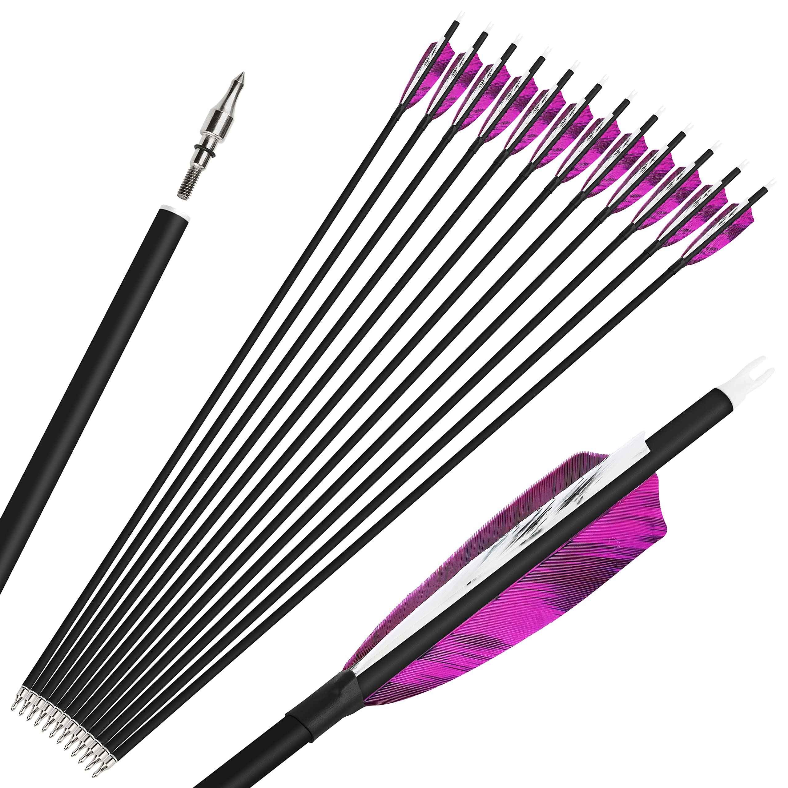 6pcs Flèches en Carbone de Tir à l'arc 28/30/31 Pouces Flèches de Chasse Spine 500 avec Plume Nature pour Arc Classique Arc à Poulies