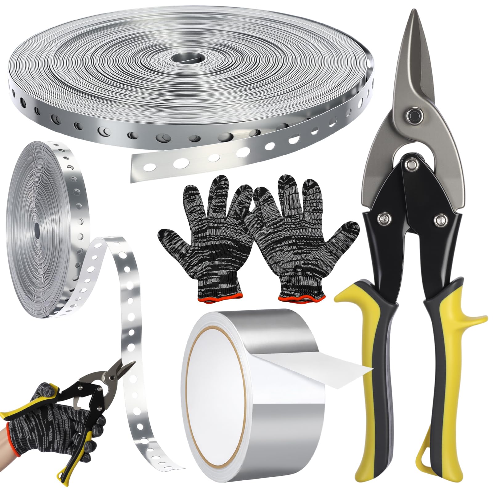 Sangle de tuyau perforée 30m galvanisée ruban aluminium et cisaille de fixation