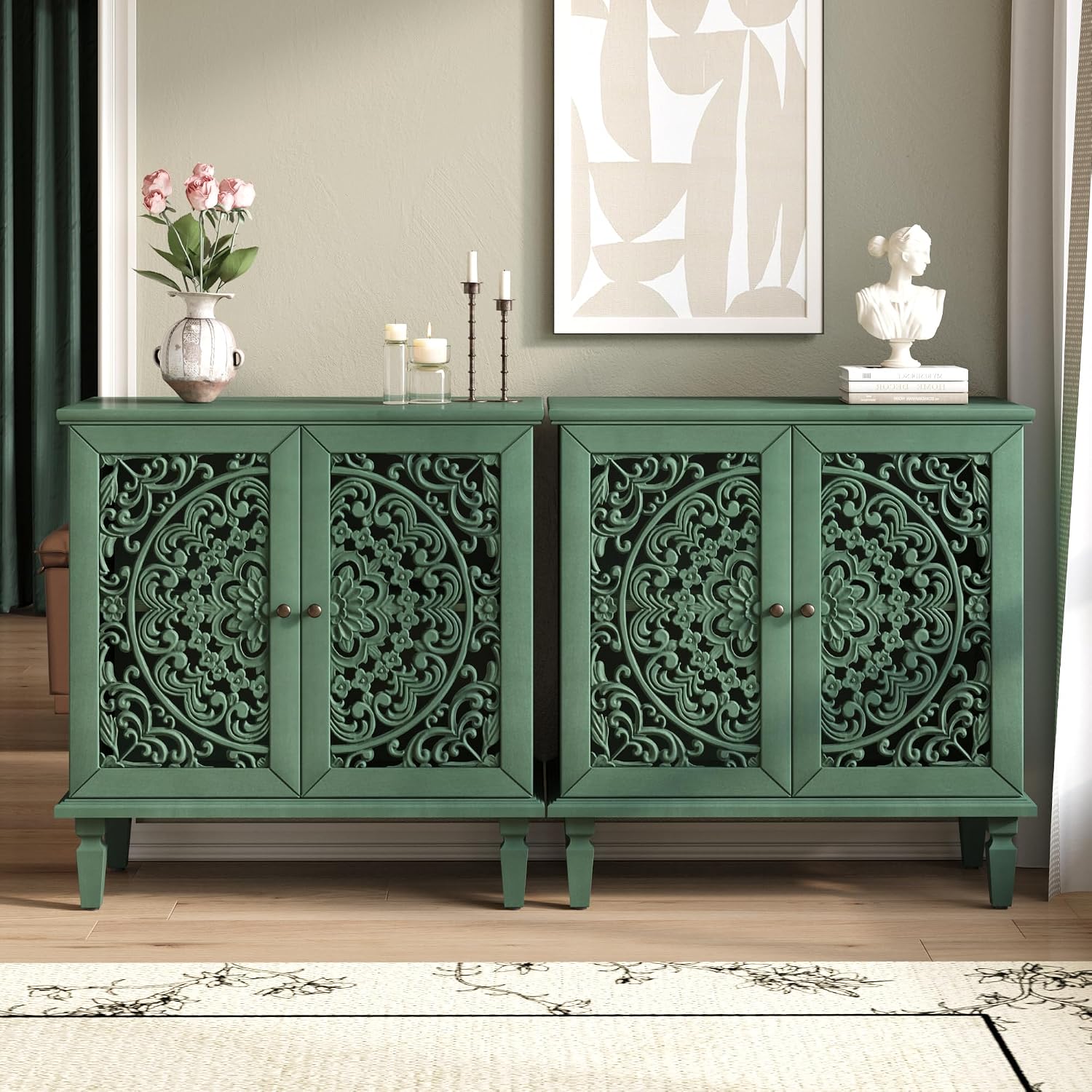 Accent Cabinet with 2 Doors Vintage Hollow Carving Buffet Cabinet with Adjustable Shelf and Symmetrical Floral Design, Console Table with Solid Wood Legs, Antique Green