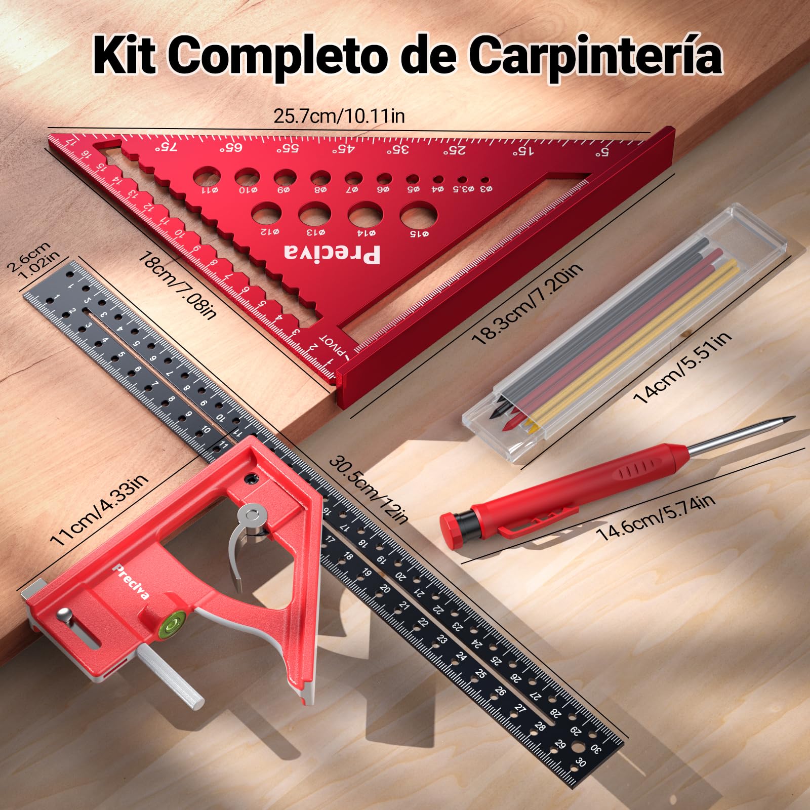 Kit de Carpintería, Escuadra Carpintero Multifuncional, Lápices de Carpintero con Sacapuntas y Estuche, Regla Metálica con Nivel Burbuja para Carpintero, Construcción, Dibujo