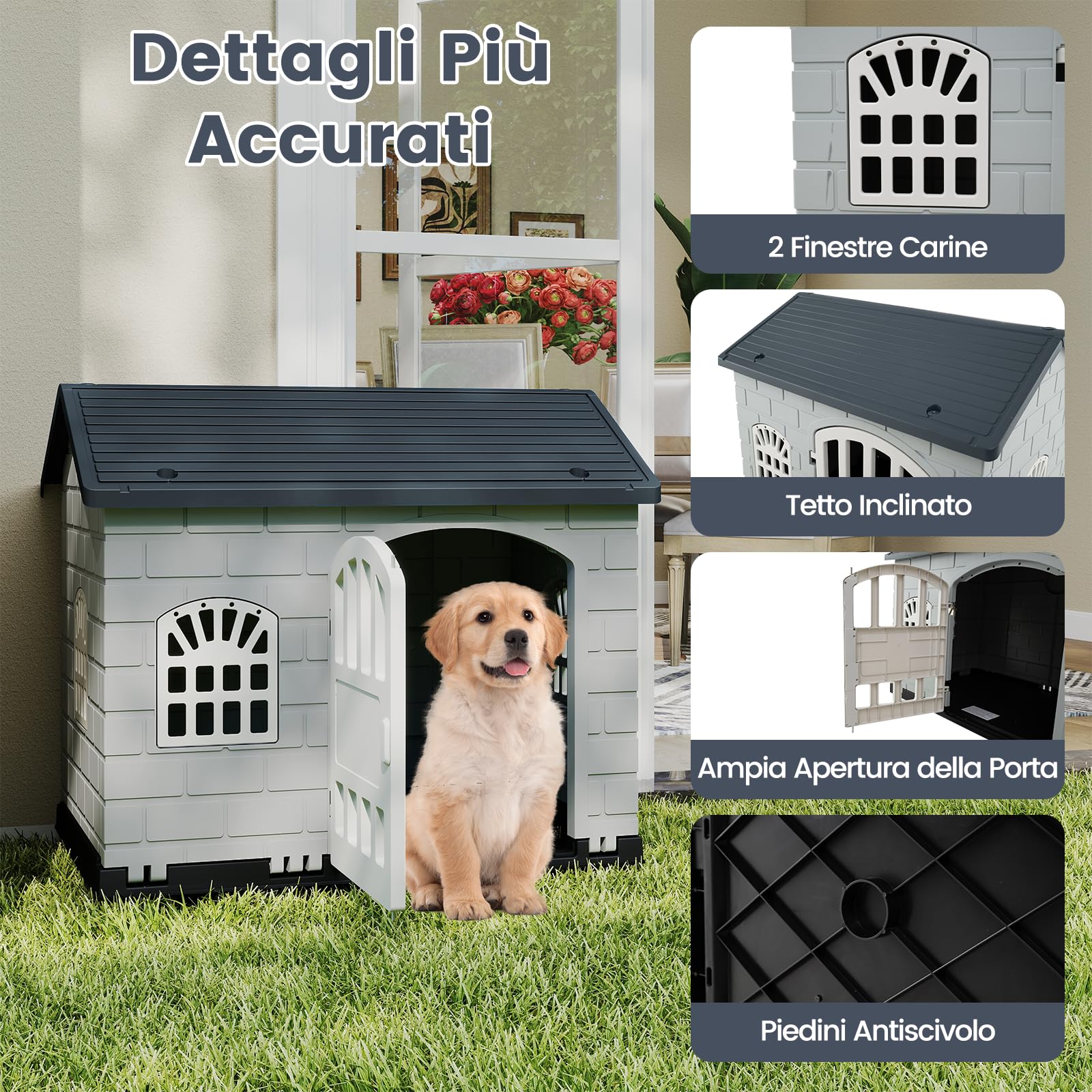 COSTWAY Cuccia per Cani da Esterno ed Interno, Casetta per Cani con Porta Bloccabile, 3 Finestre e Tetto Inclinato, Cucce in Plastica Impermeabile per Cagnolini Piccoli, 75 x 58 x 65 cm (Grigio)