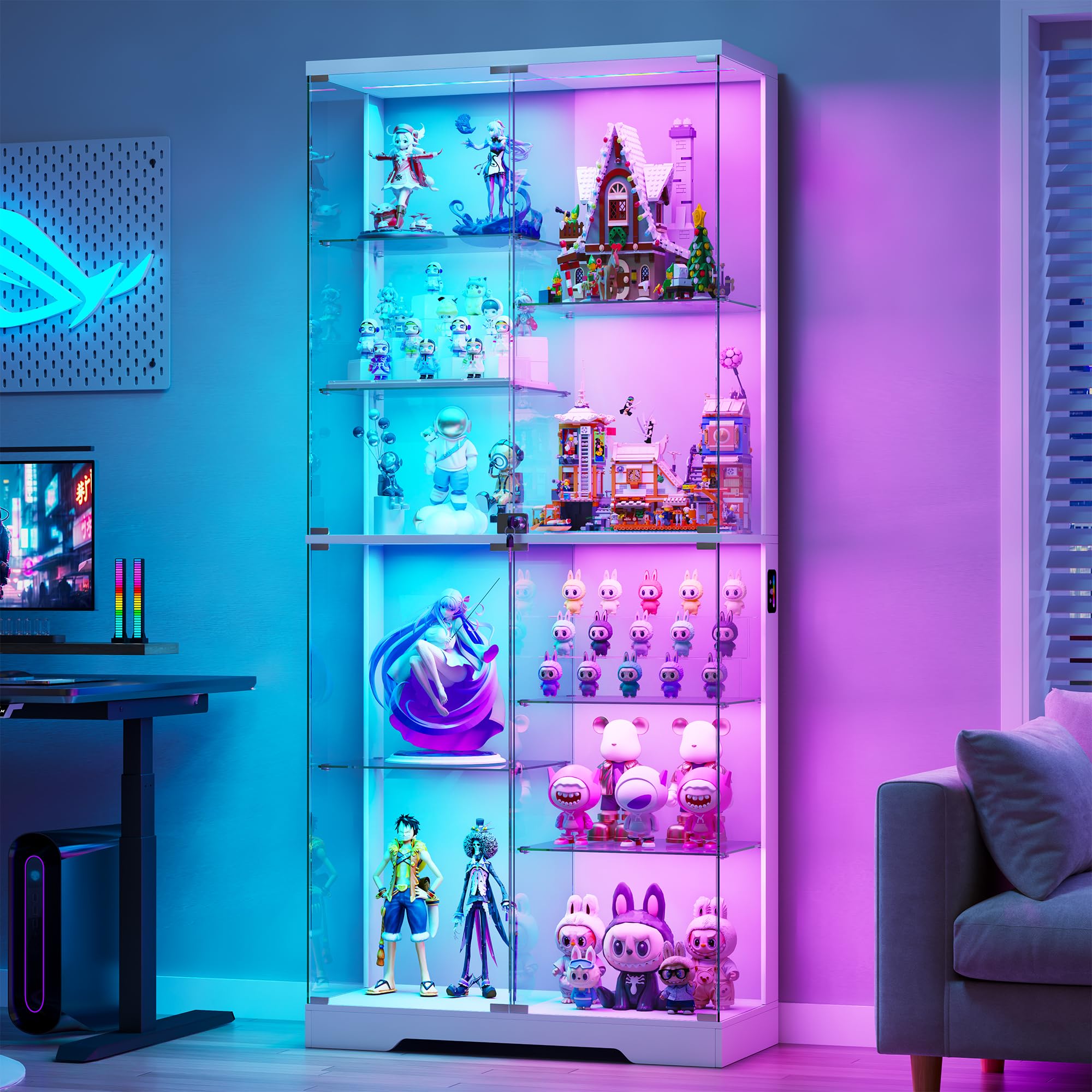 Gurexl 10 Tiers Display Cabinets with Dynamic light and Body Sensor,70.9 ” RGB Curio Case with Lockable Glass Door,Floor Storage Cabinet with Adjustable Shelves for living Room,Bedroom,White