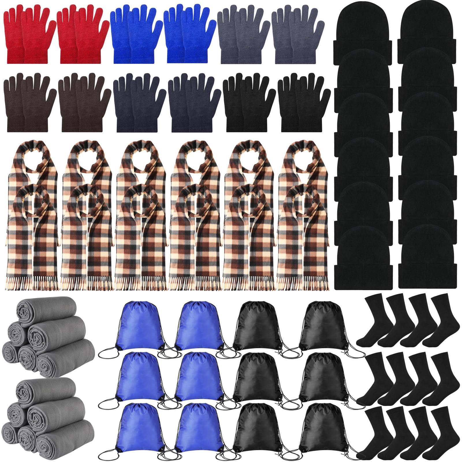 Suhine 72-teiliges Homeless Care Survival Kit - Warme Decke, Mützen, Schals, Kordelzugbeutel, Handschuhe und Socken - Mehrfarbig, Unisex - Obdachlosen-Kit
