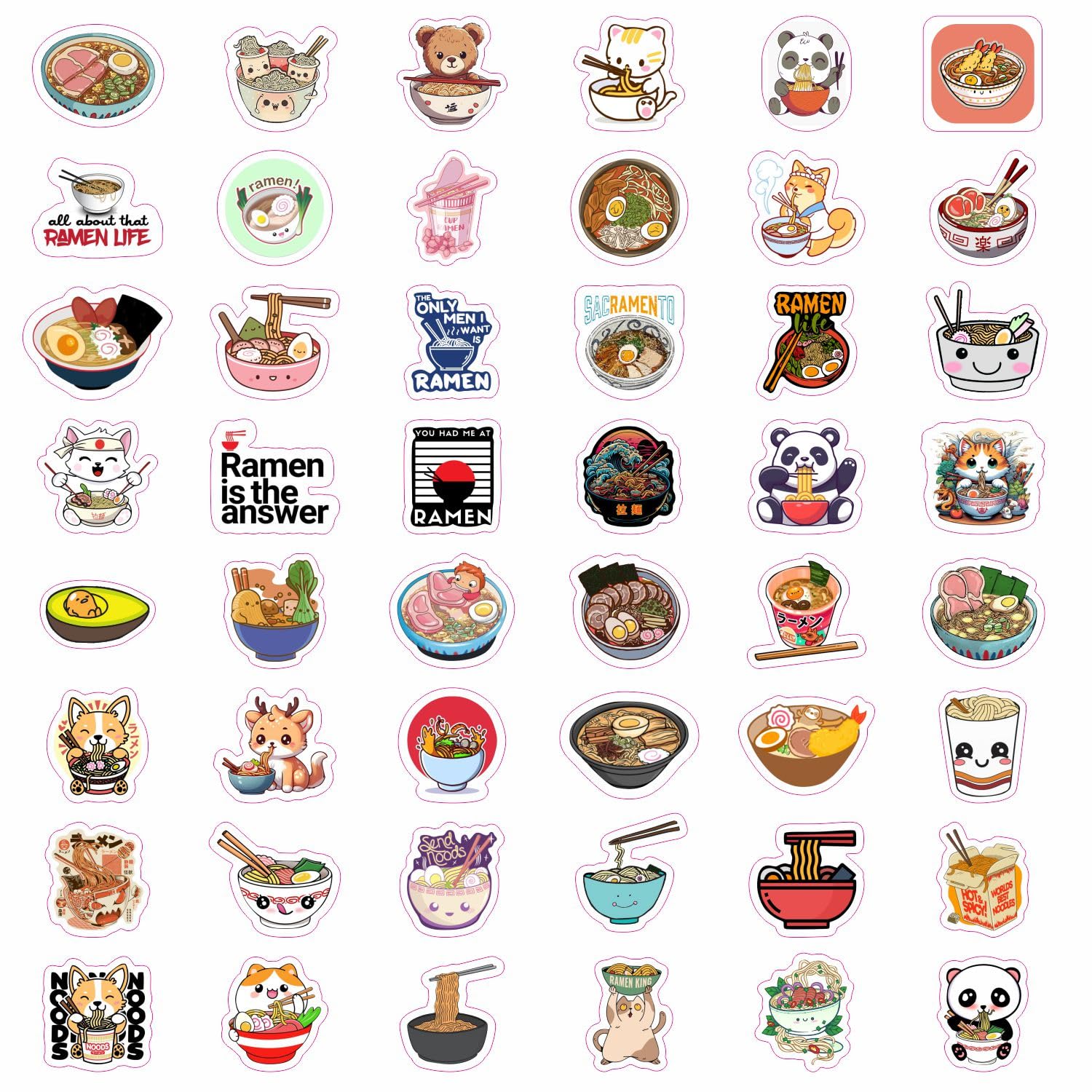 BulbaCraft Ramen Stickers for Water Bottle and Laptop - Foodie Party Supplies & Decorations, Waterproof Vinyl Noodle Decals, Cute Ramen Stickers Laptop Decals, Gifts for Women & Men