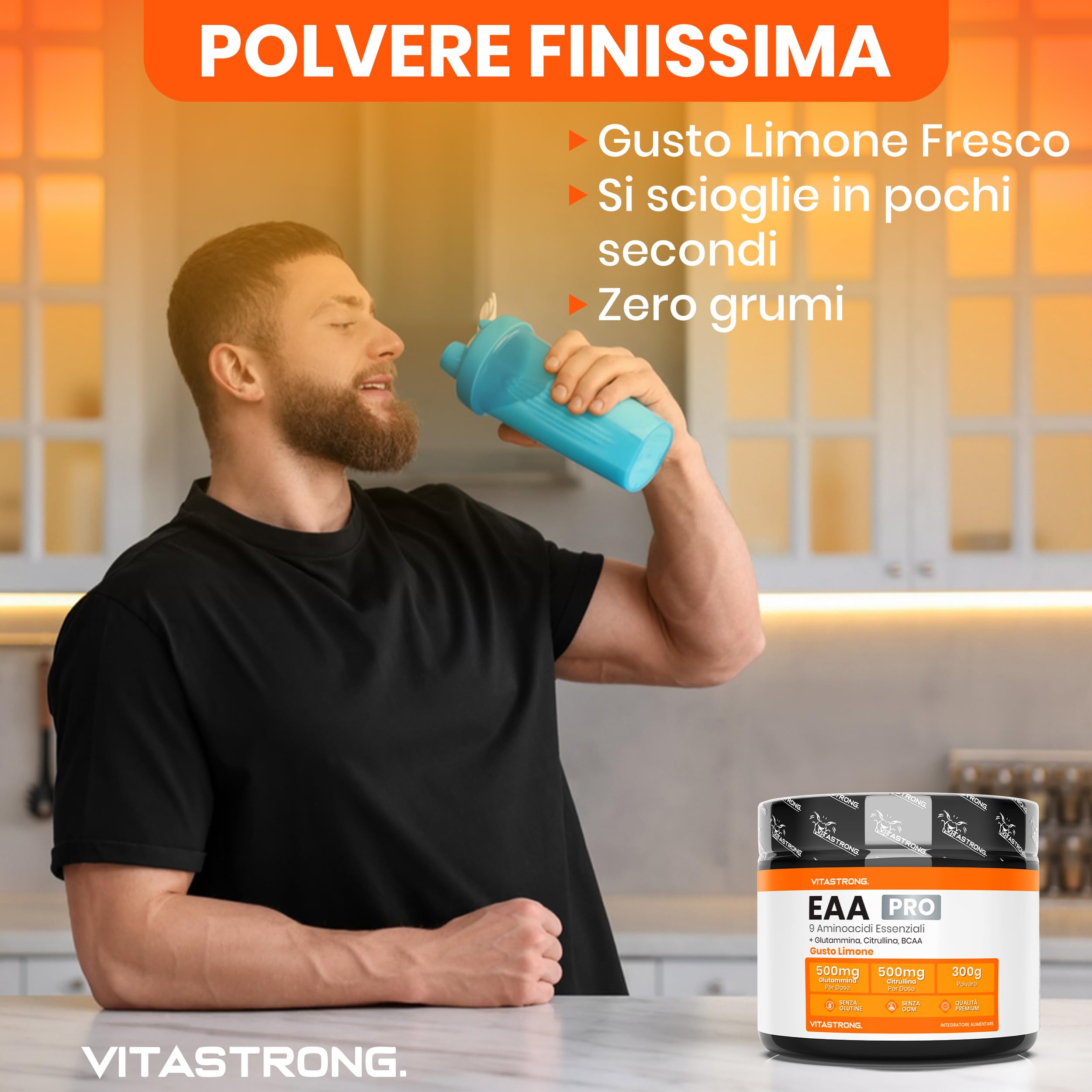 Aminoacidi Essenziali EAA PRO Vitastrong, 9 EAA Aminoacidi Essenziali Polvere 300g, BCAA Amminoacidi Ramificati, Glutammina, L Citrullina, L-Tirosina, L Lisina, L Triptofano, Metionina, Gusto Limone