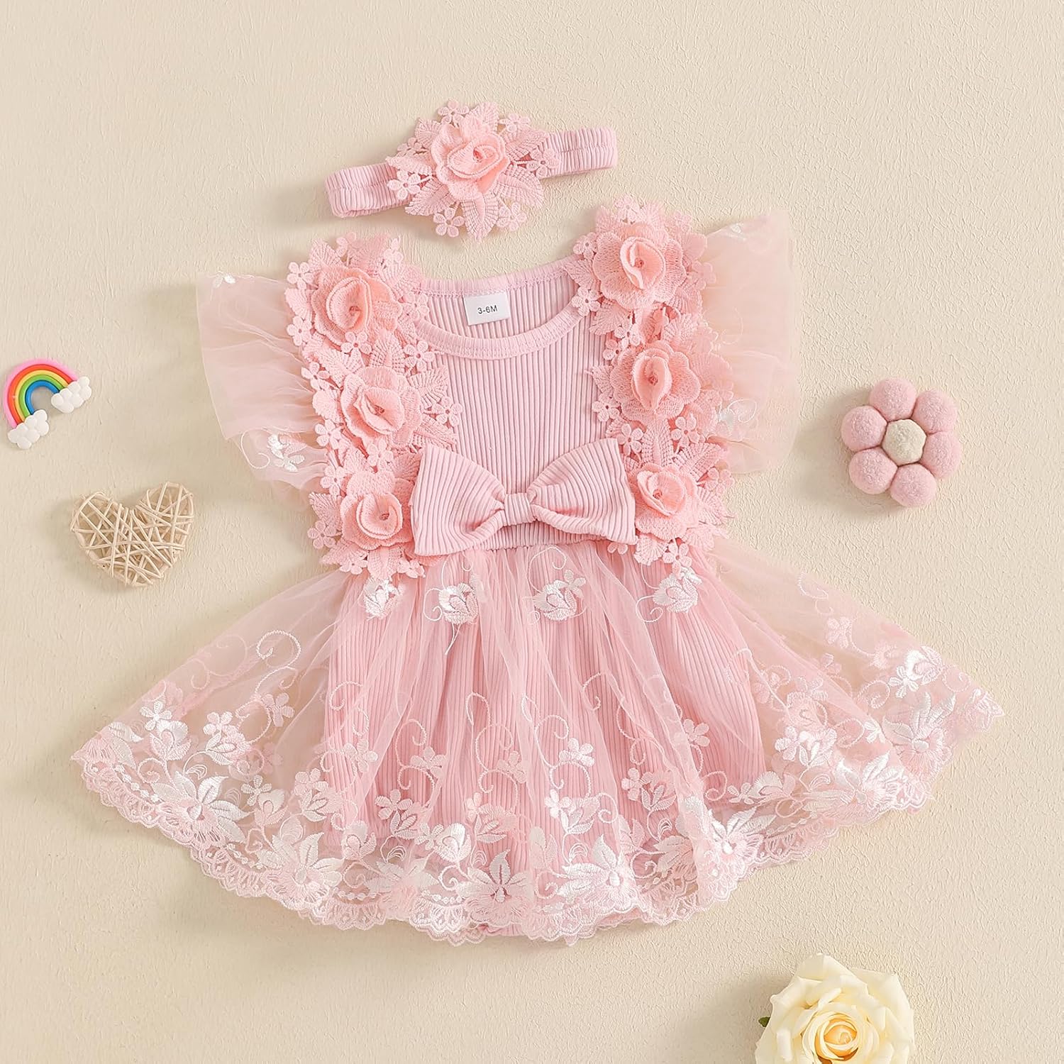 Douhoow Baby Girls Romper Dress Baby Dress Romper 3D Flowers Mesh Skirt Hem Infant Girl Summer Clothes with Headband - Image 4