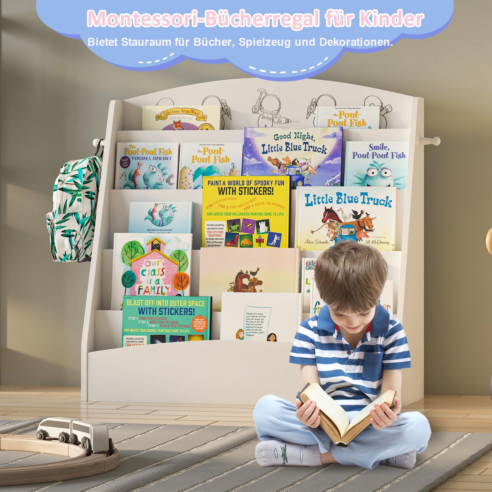 KEEPREAPER Kinder Bücherregal mit 5 offenen Fächern und Haken, Kinderregal Holz, Montessori Aufbewahrungsregal für Kinderzimmer, 80x30x75cm (Weiß)