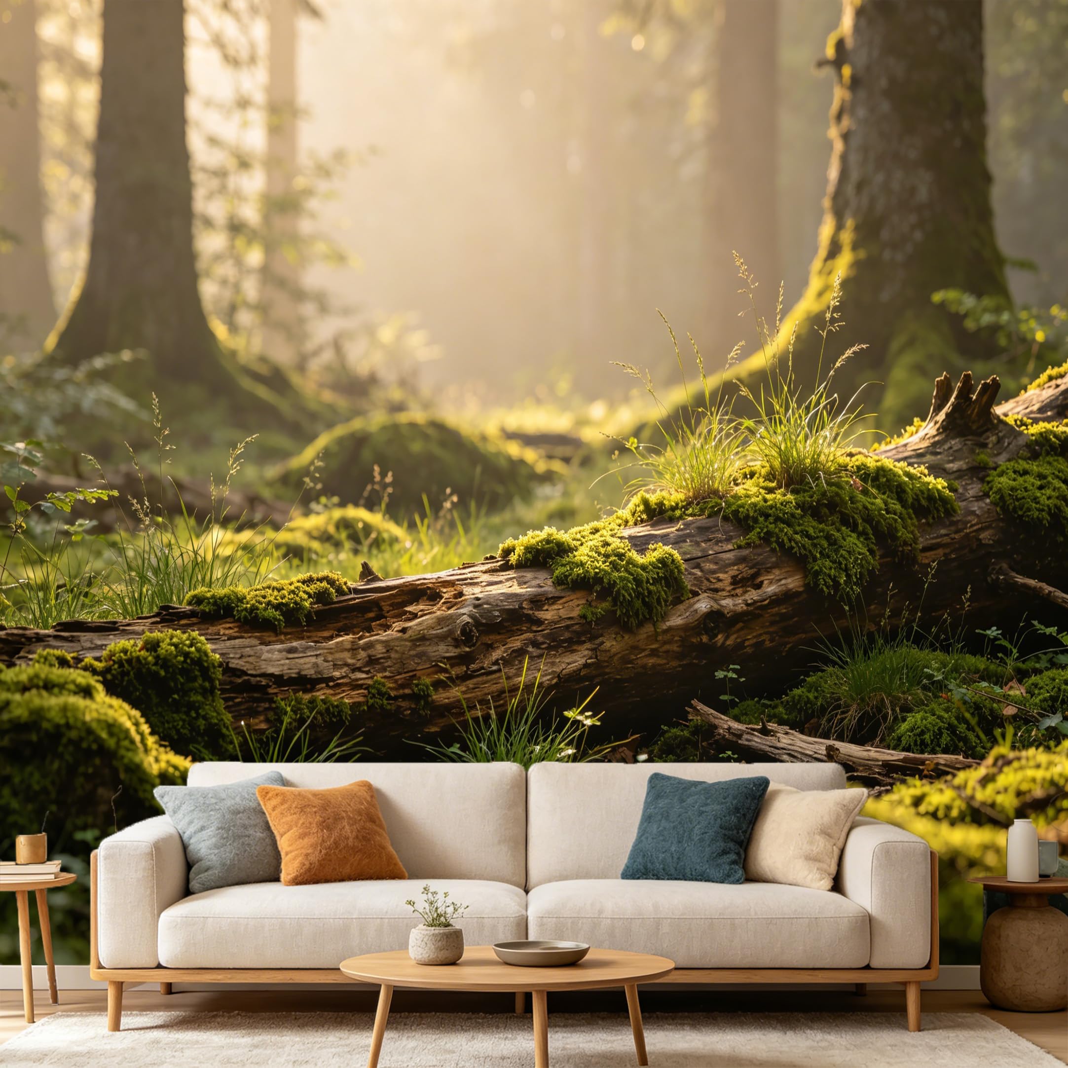Custom Size Wall Mural Forest Sunbeam Mossy Log Nature Landscape， SelfAdhesive Art Prints wall Fabric Removable Large Wallpaper Home Living Room Decor 3D Perspective