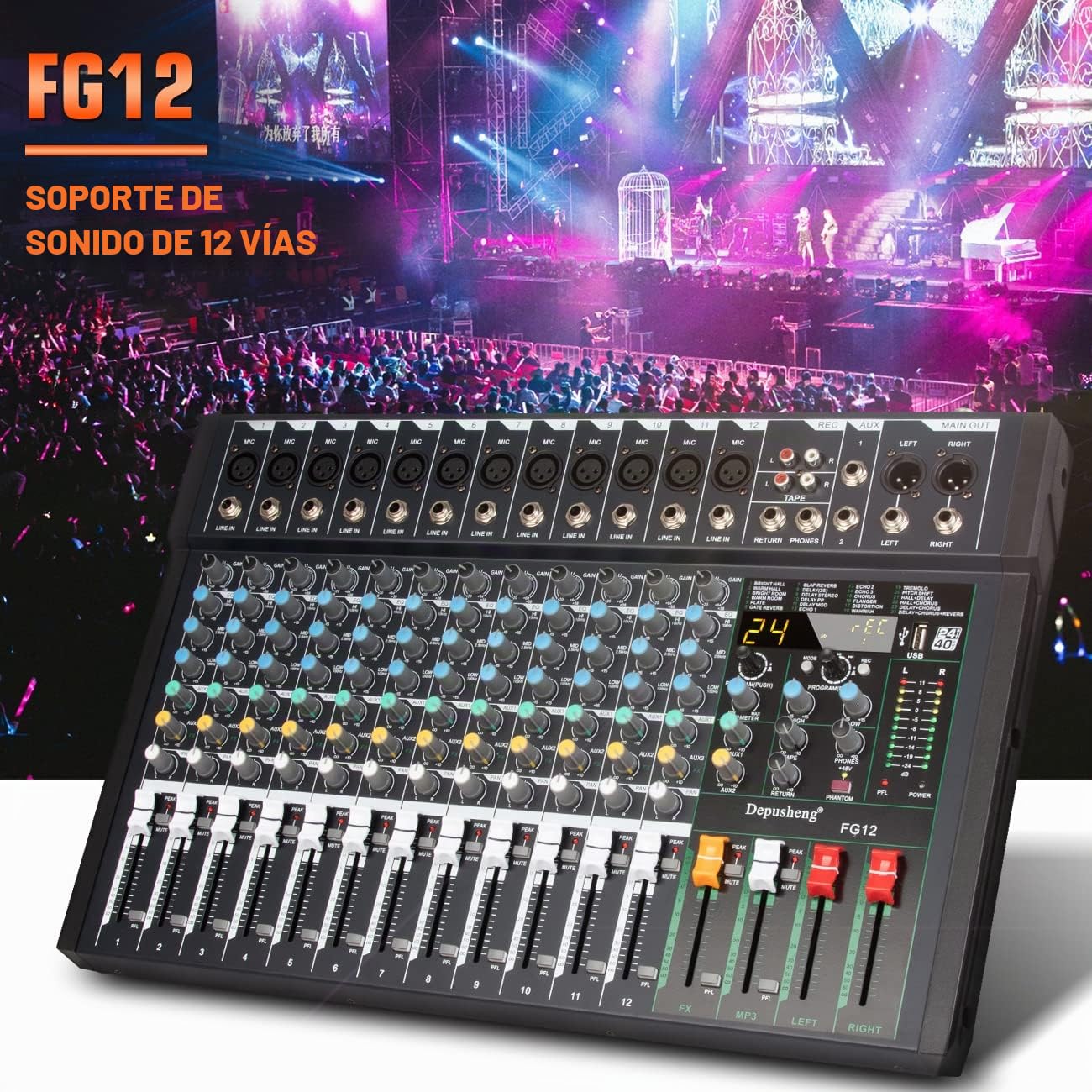 Depusheng FG12 Mezclador de audio profesional de 12 canales para la interfaz de sonido de grabación de computadora, interfaz de controlador de sonido, incorporado 24 DSP Effect con 48V Phantom Power