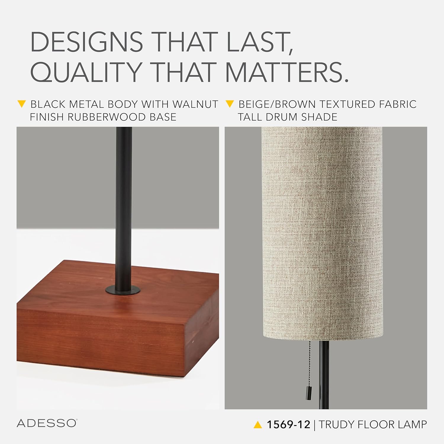 Adesso Floor Lamp with Walnut Base, Black Body and Beige Fabric Lampshade – Lamp for Bedroom, Living Room, and House Décor, 62” x 8.5”