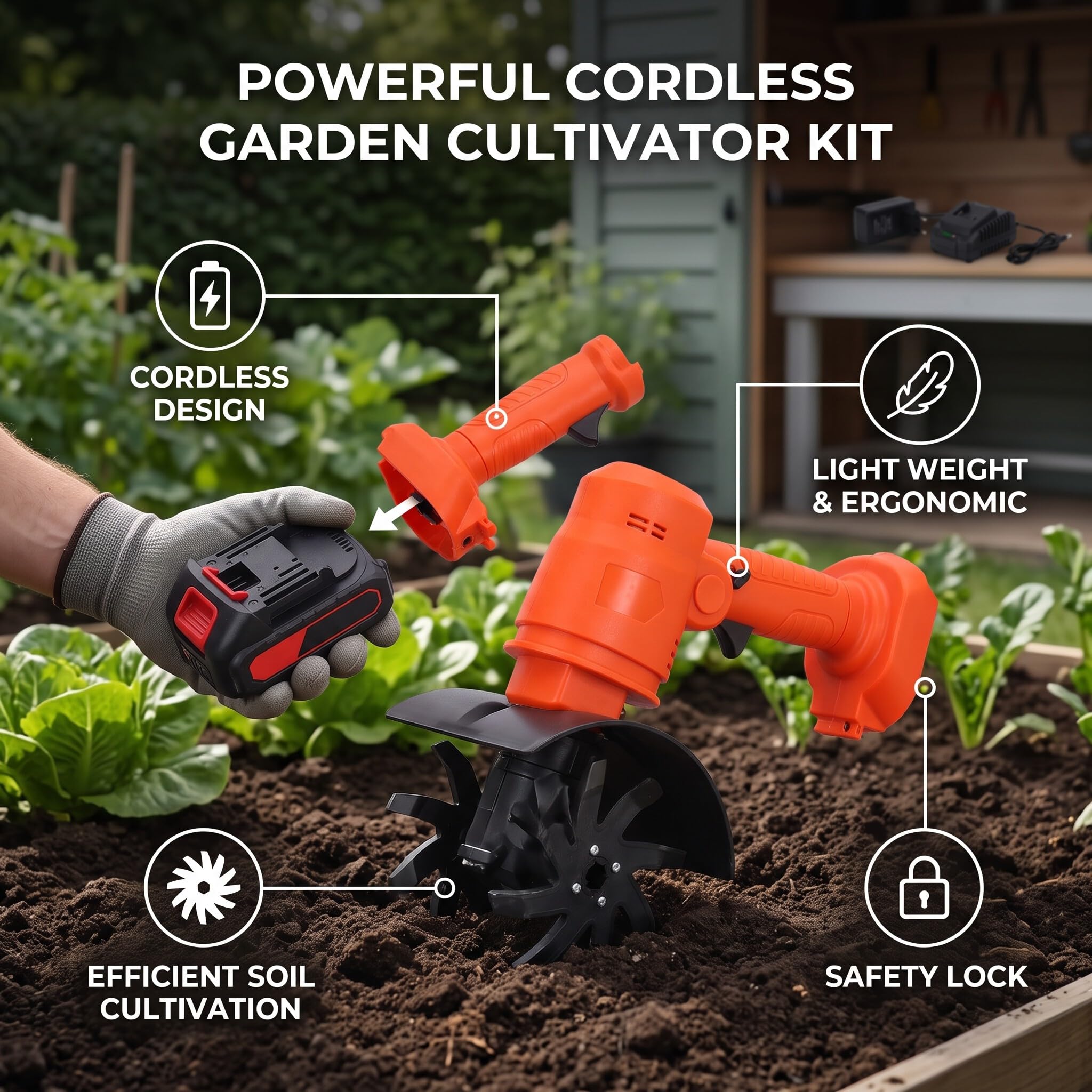 CHICIRIS Coltivatore a Batteria Alimentato a Batteria con Al Litio da 1500 MAh Mini Motozappa per Diserbo Coltivatore da Giardino con Blocco di Sicurezza Maniglia (Spina UE da 100 a 240 V)