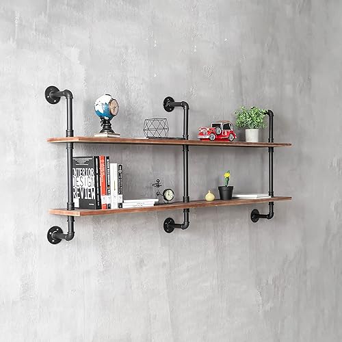 Miniatura 5 de Estantes Flotantes para Pared, Estantes para Cuarto de Lavandería, Estantería Industrial de Tubo, Estante de Madera Real, 152 cm, Estantes de Pared