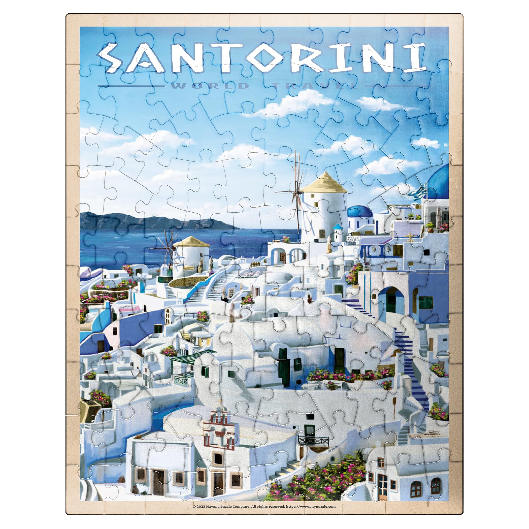 MyPuzzle Santorini Jigsaw Puzzle - 500 Piece Blue & White Vintage Travel Poster Puzzle For Adults, Made In USA