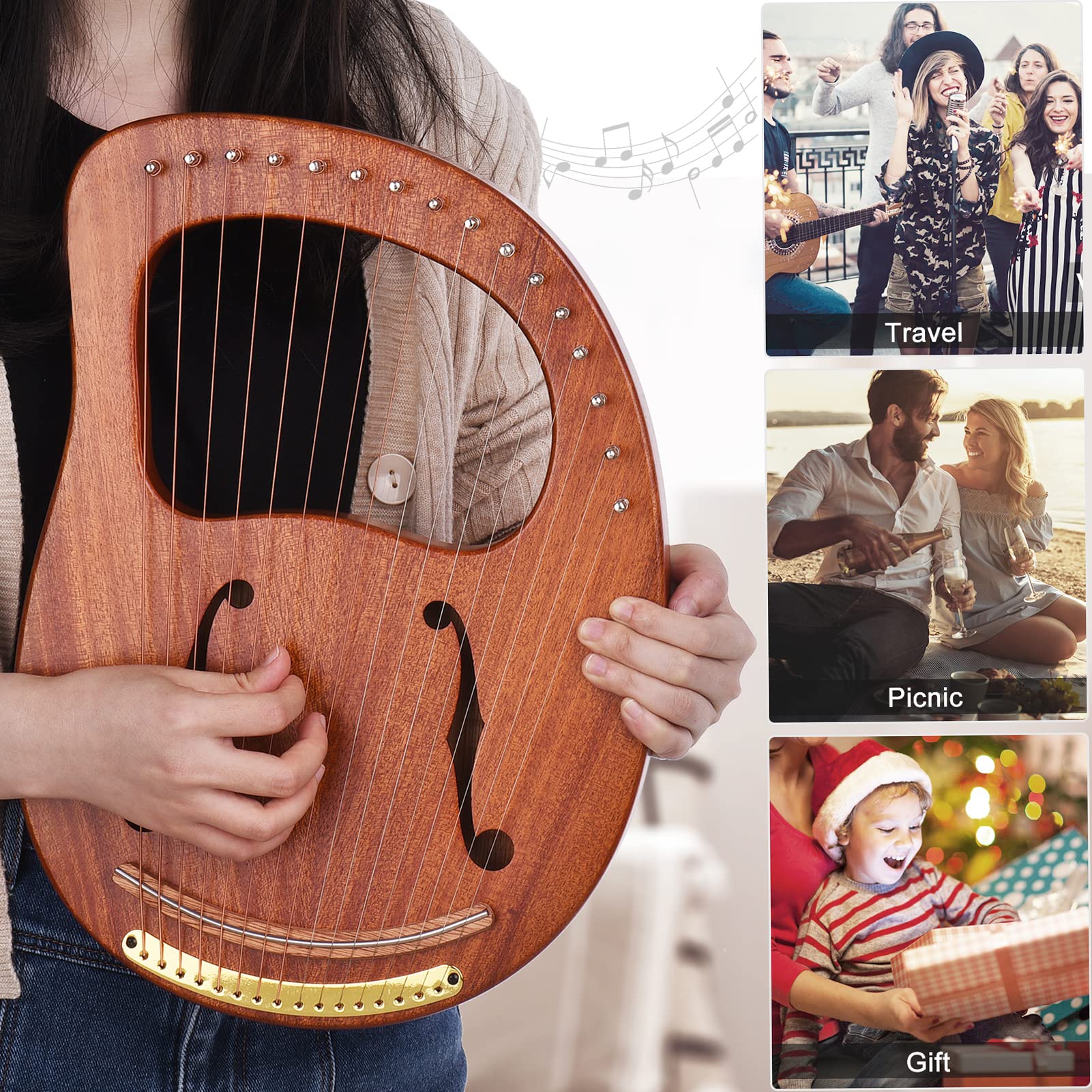 Arpa de lira, WH-16 Arpa de lira de madera de 16 cuerdas, cuerdas de metal, instrumento de cuerda de madera maciza con bolsa de transporte, llave de afinación, limpieza de cuerdas de repuesto, libro