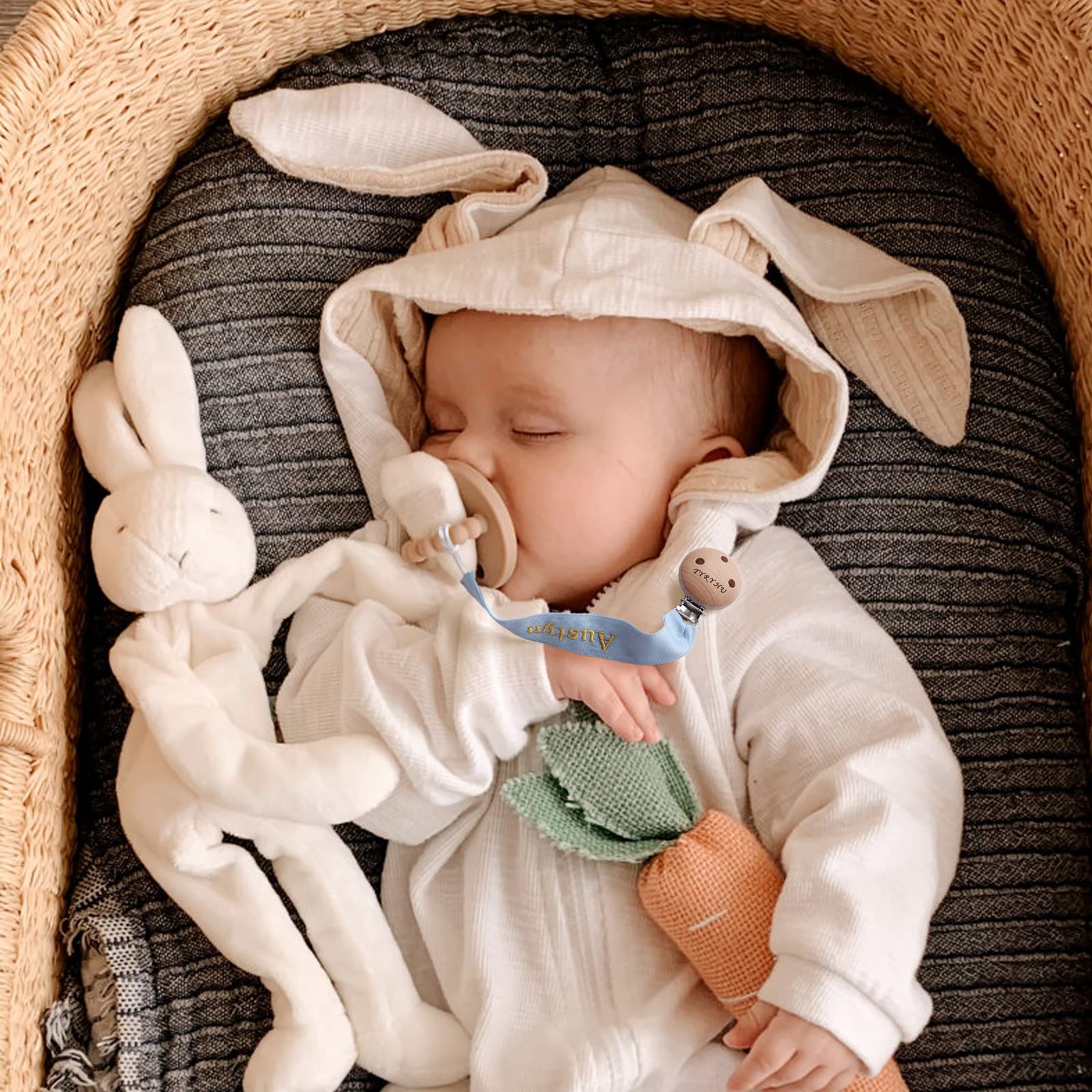 TYRY.HU Catenella Portaciuccio con Nome Personalizzata Porta Succhietto Clip di Legno Cotone Bambine Ragazzi Massaggiagengive Ciuccio Clip Baby Regalo, 2 Pezzi