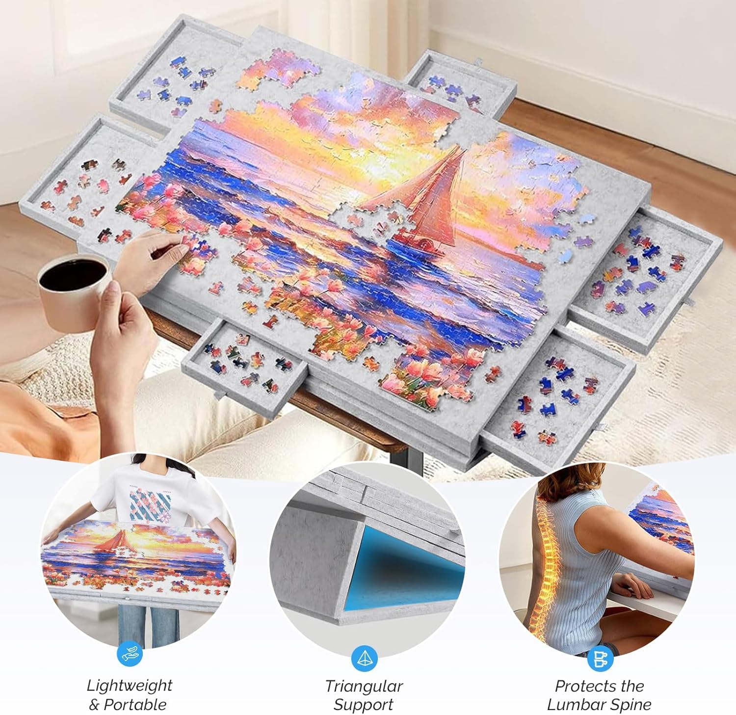 1000 Teile Puzzletisch mit 6 Schubladen - Kippbares Puzzlebrett mit 2-in-1 Ständer & Abdeckung - Tragbarer Filz Puzzle Board - Puzzleplatte mit Rutschfester Oberfläche Ideal für Erwachsene