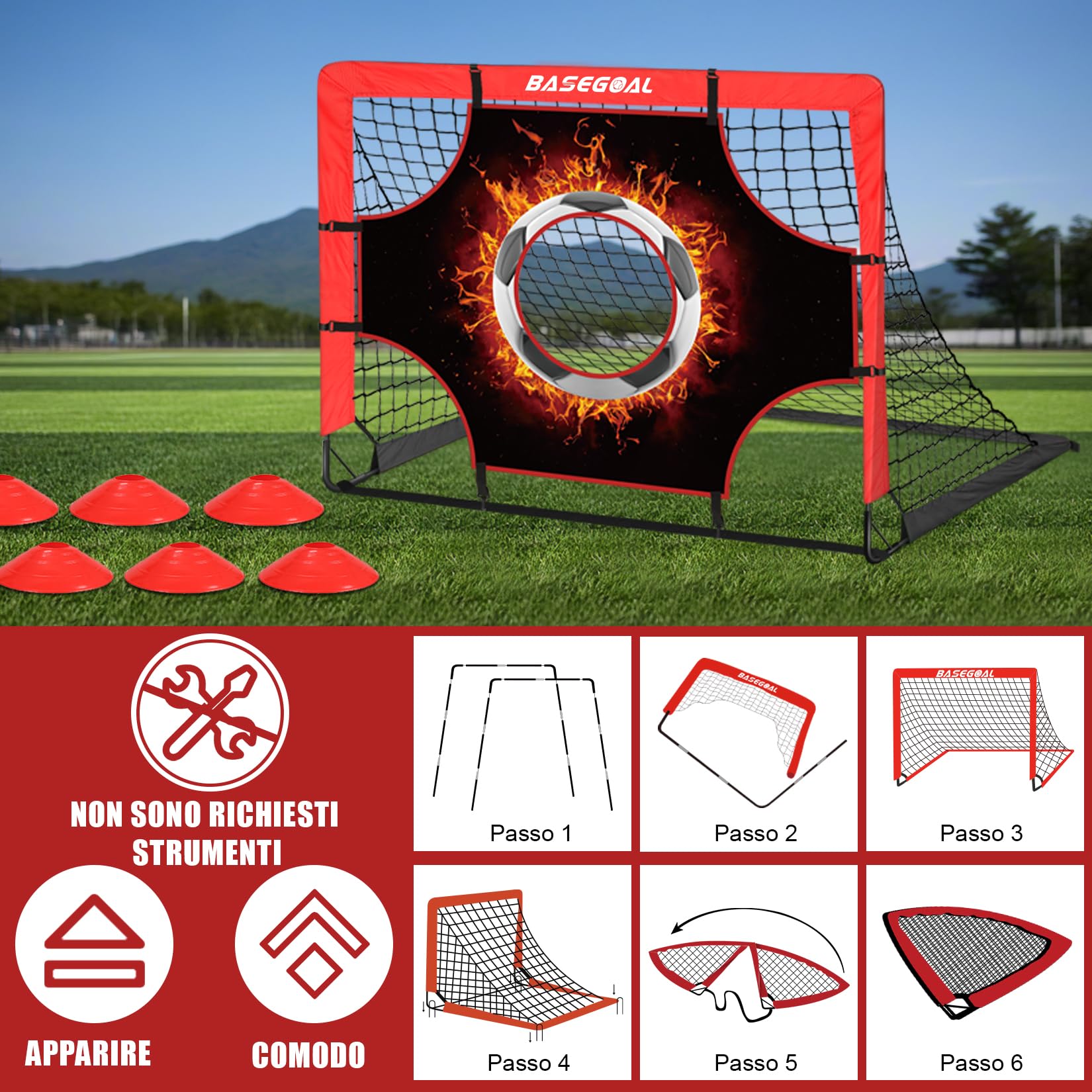 BaseGoal 3-in-1 Porta da Calcio da Giardino con Completo per Allenamento | Porte da Calcio con Rete, Panno Bersaglio, Bullseye e Disco Marcatore, Adatto Come Un Regalo per Gli Appassionati di Calcio