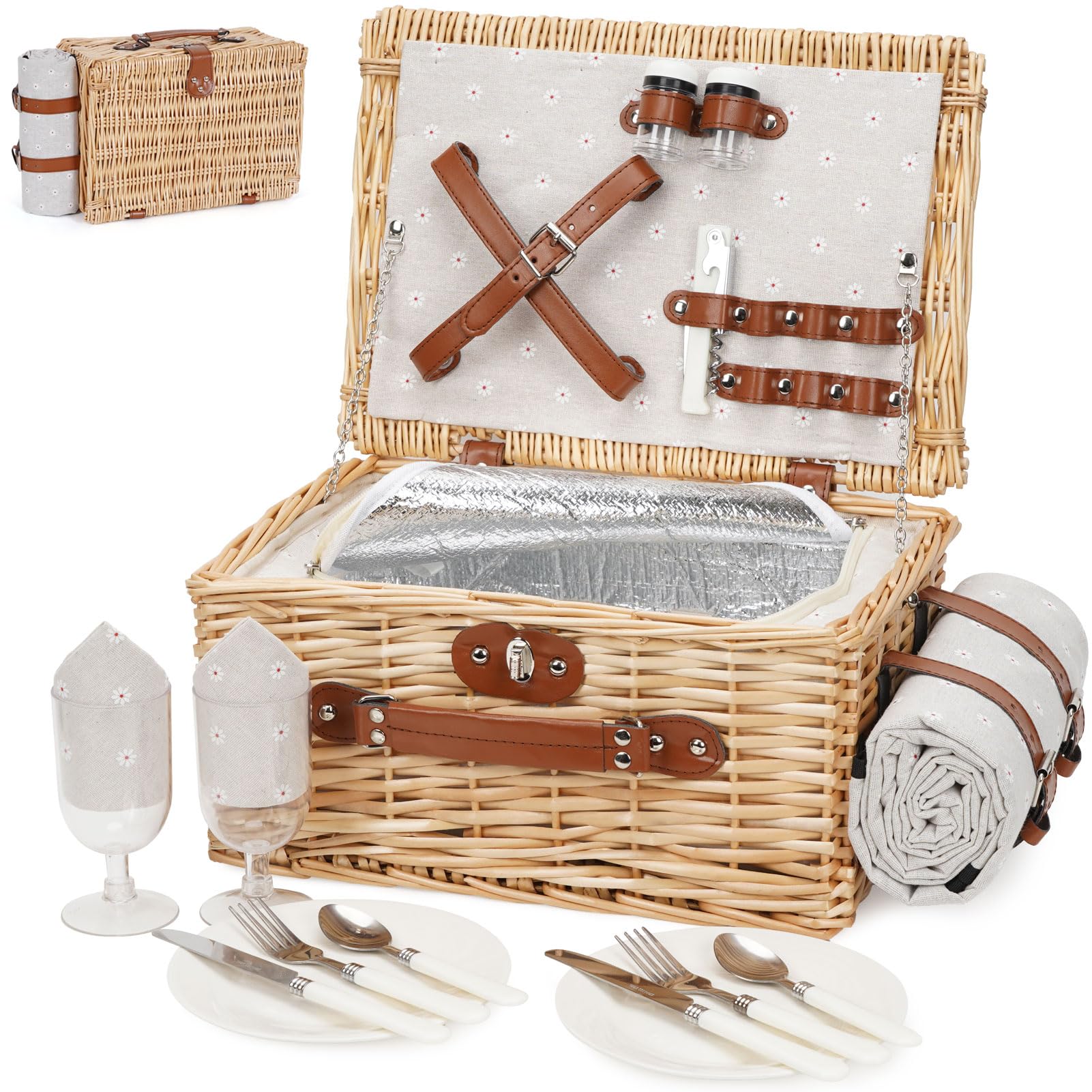 Cesta de picnic para 2 personas – Cesta de mimbre vintage aislada con alfombrilla impermeable y juego de cubiertos para parejas, camping, cumpleaños o San Valentín (flores blancas)