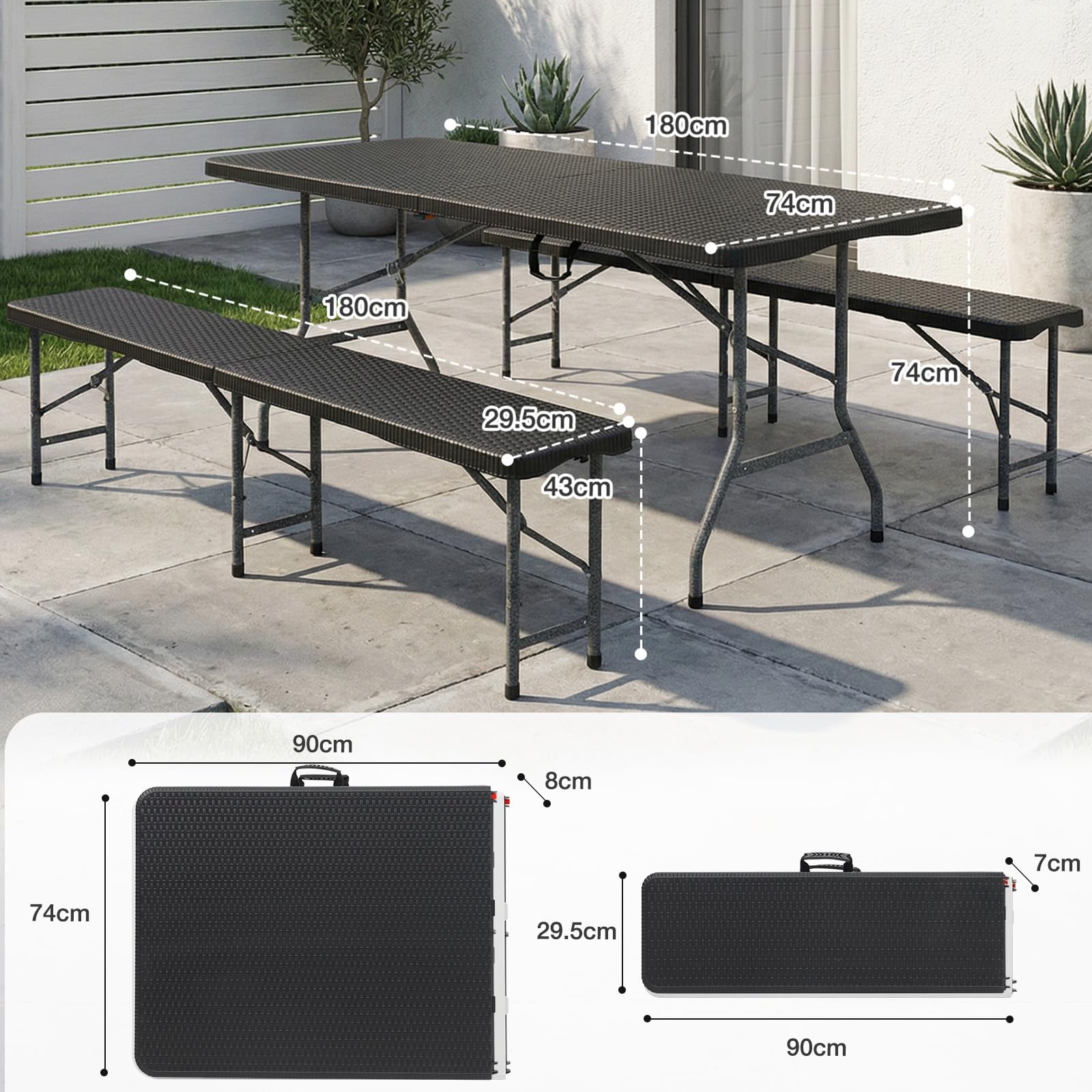 Sekey Bierzeltgarnitur Klappbar, Kunststoff Biertischgarnitur 180cm, 3-teilig Set Tisch + 2 x Bierbank mit Tragegriffe, Gartenmöbel Set für drinnen draußen, Festzeltgarnitur Rattan-Optik (Schwarz)