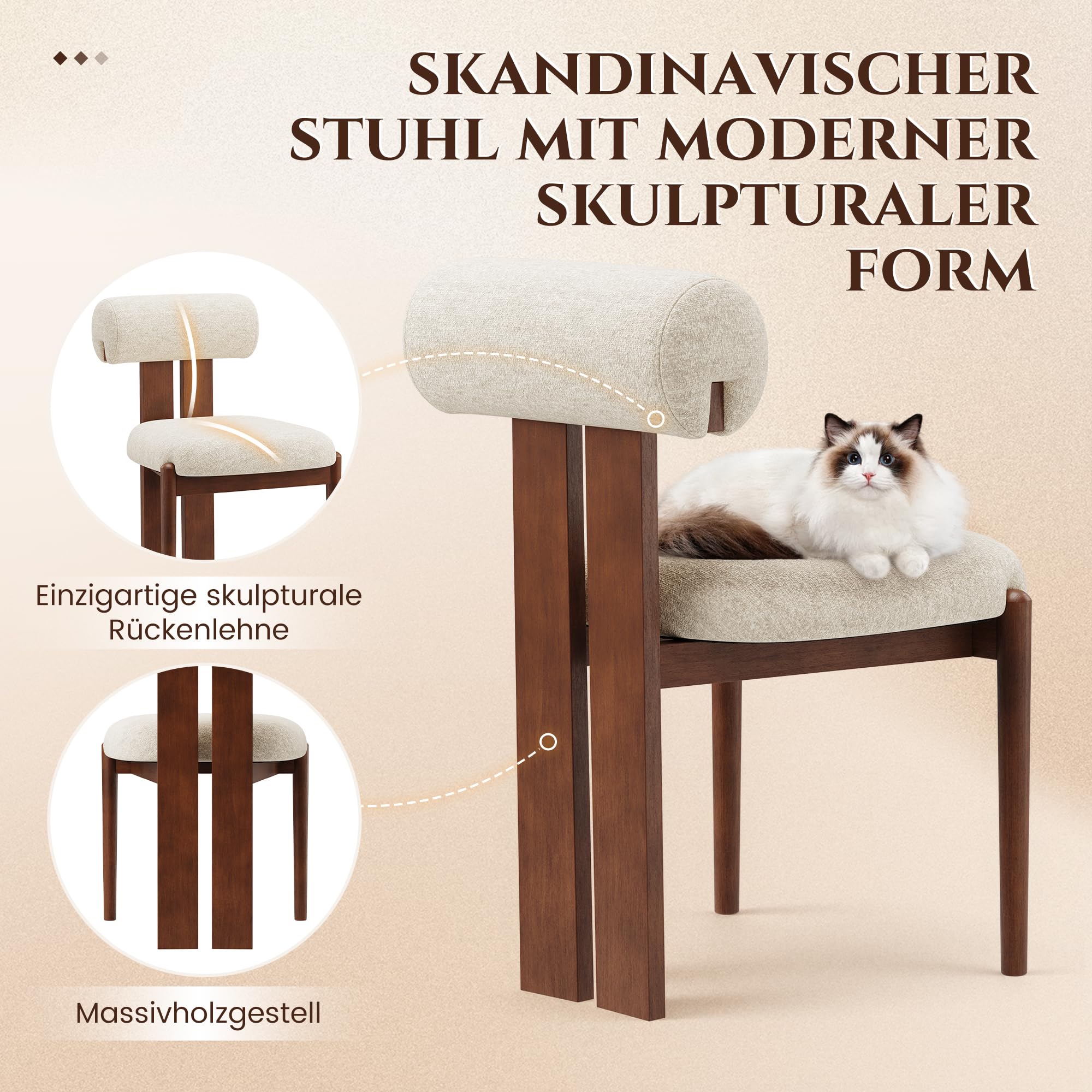 MALOL Esszimmerstühle 6er Set, Mid-Century Modern Polsterstühle aus Stoff mit Stabiler Rückenlehne & dunkelbraunen Holzbeinen, Beige – Geeignet für Esszimmer, Küche und Gastronomie, Beige
