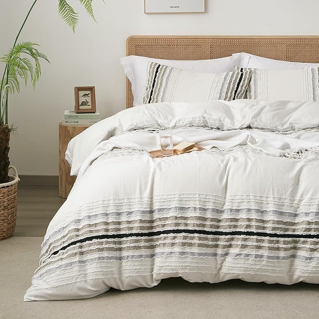 Tufted Duvet Cover Set King Size, Soft Washed Microfiber King Duvet Cover with Button Closure & 2 Pillow Shams, Comforter Not Included (Black and Gray Stripes, 104"x90") | Soft Brushed Microfiber, Button Closure, 4 Corner Ties, Jacquard Weave, All Se